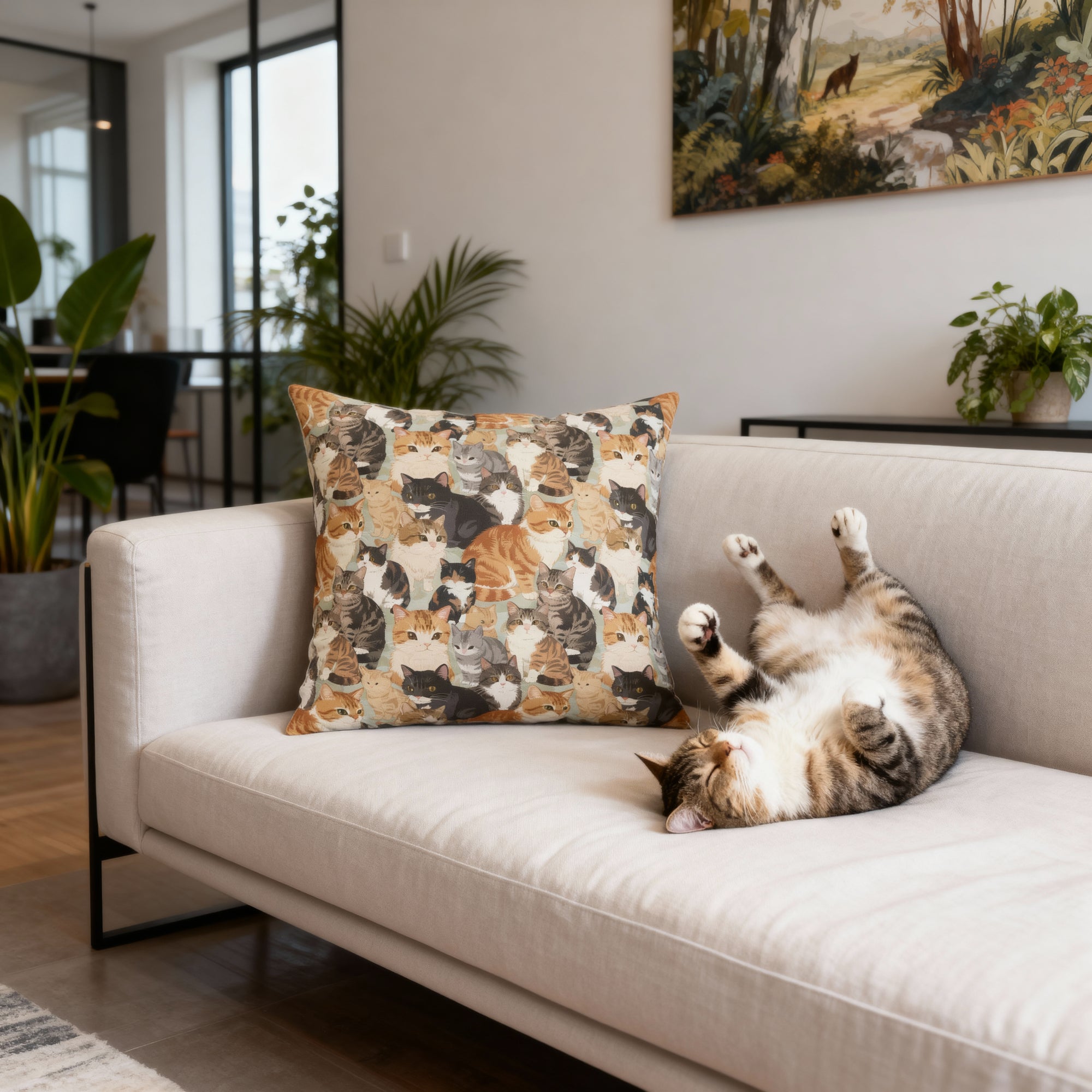 Indoor Square Pillow - A Densely Packed Gathering of Adorable Felines Featuring a Wide Range of Breeds and Playful Expressions in Close Proximity