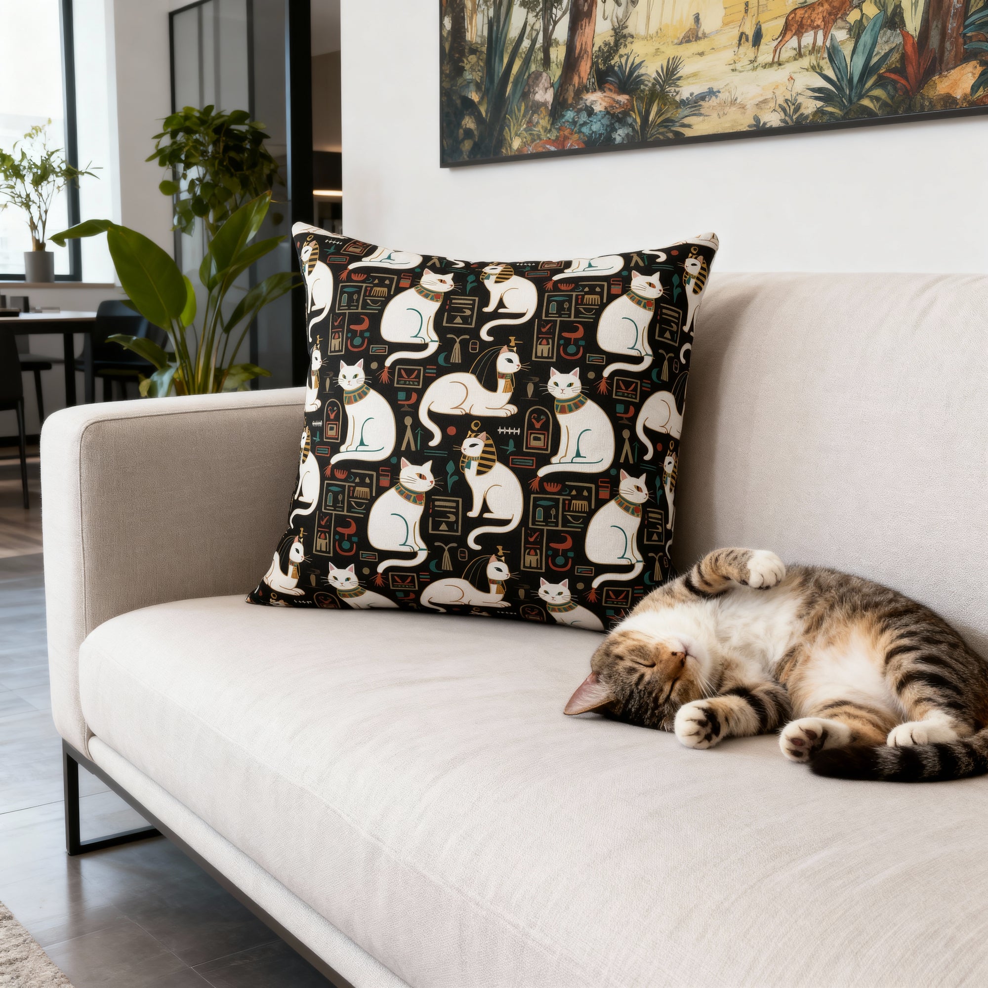 Indoor Square Pillow - Regal White Egyptian Cats with Ornate Collars and Ancient Symbols Adorn this Historically Inspired and Mystical Pattern