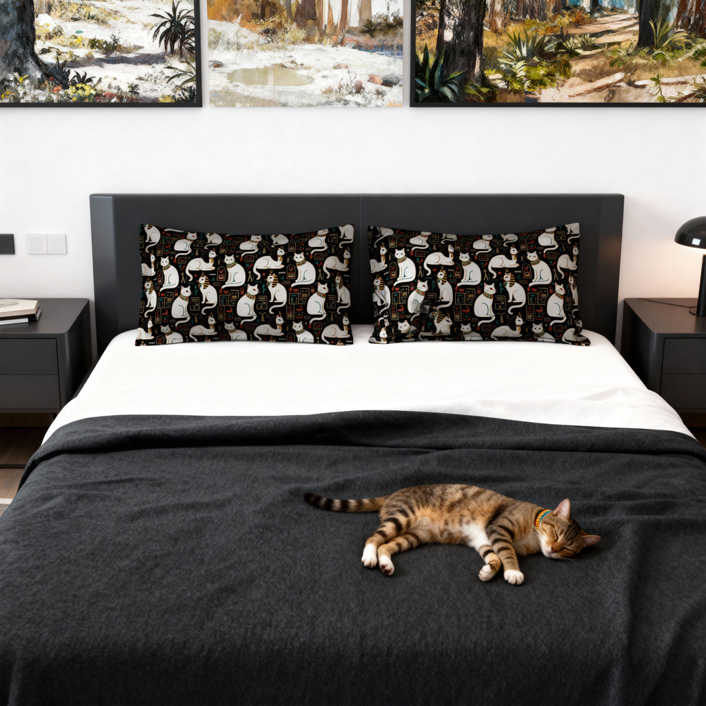 Pillow Sham - Regal White Egyptian Cats with Ornate Collars and Ancient Symbols Adorn this Historically Inspired and Mystical Pattern