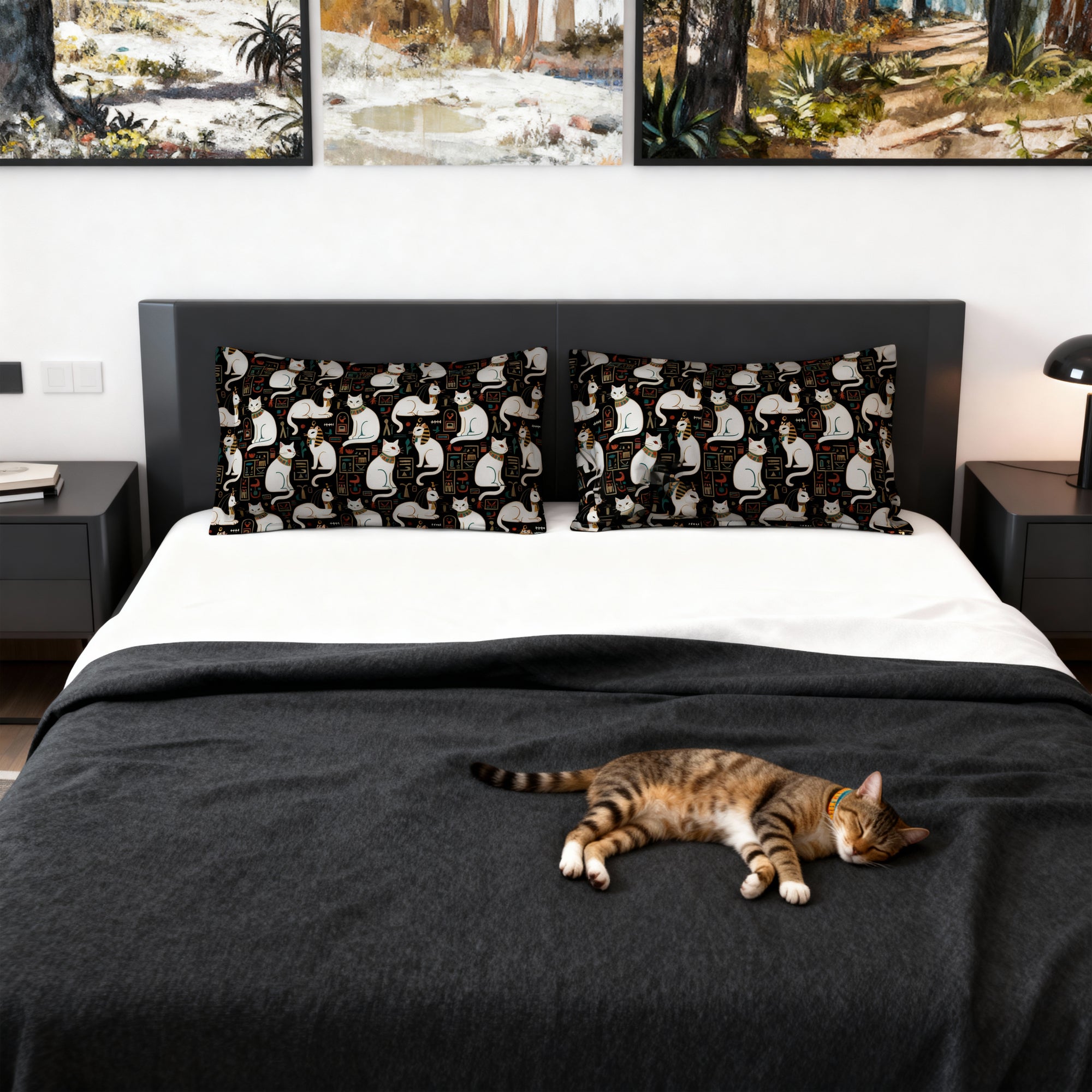 Pillow Sham - Regal White Egyptian Cats with Ornate Collars and Ancient Symbols Adorn this Historically Inspired and Mystical Pattern