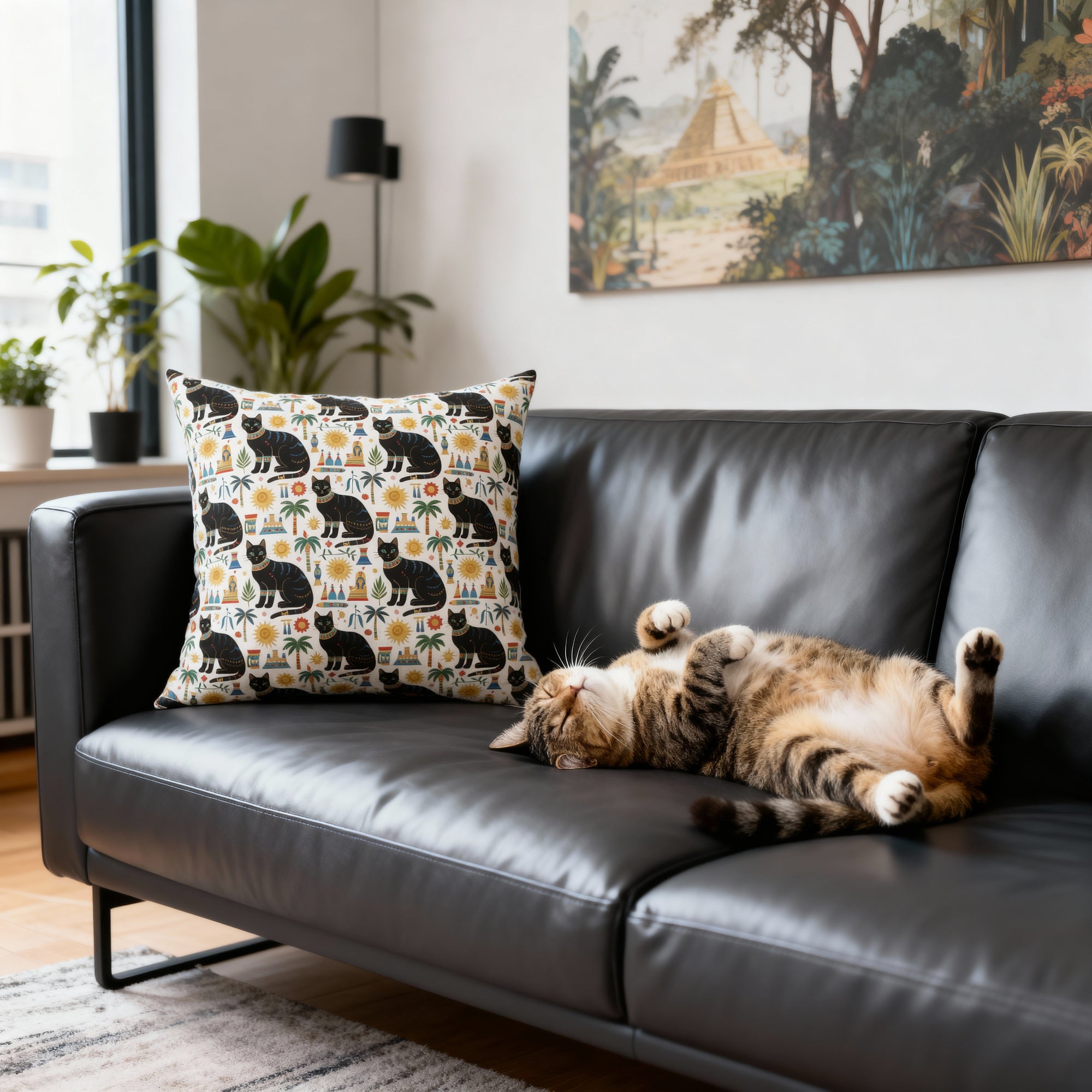 Indoor Square Pillow - Majestic Black Egyptian Cats with Vibrant Adornments and Desert Motifs Create a Striking and Culturally Rich Design