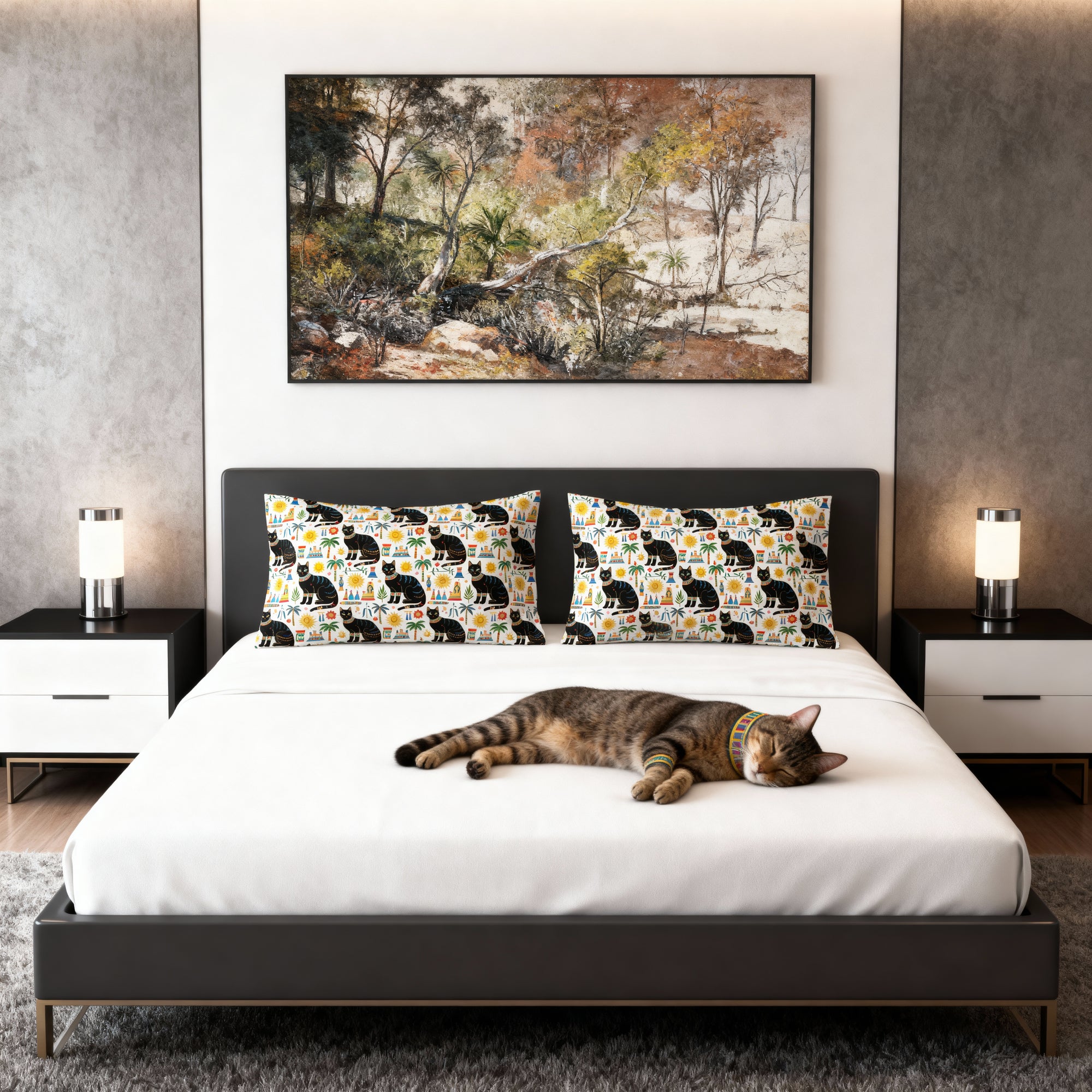 Pillow Sham - Majestic Black Egyptian Cats with Vibrant Adornments and Desert Motifs Create a Striking and Culturally Rich Design