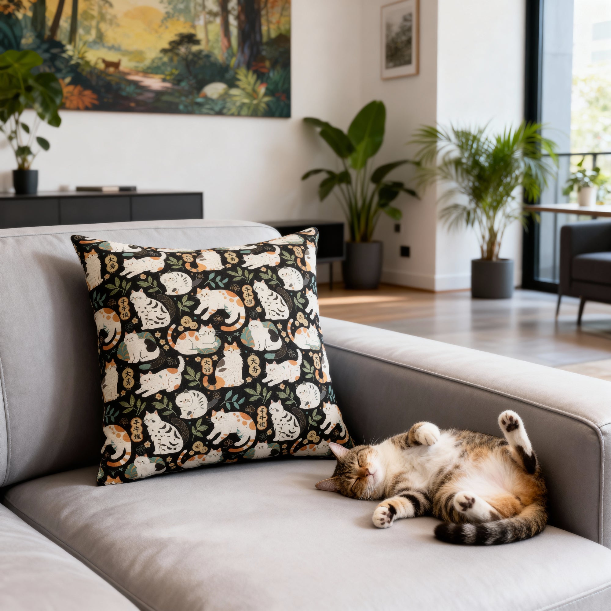 Indoor Square Pillow - Traditional Japanese Maneki-Neko Cats and Auspicious Symbols Grace a Dark Background in this Fortunate Pattern