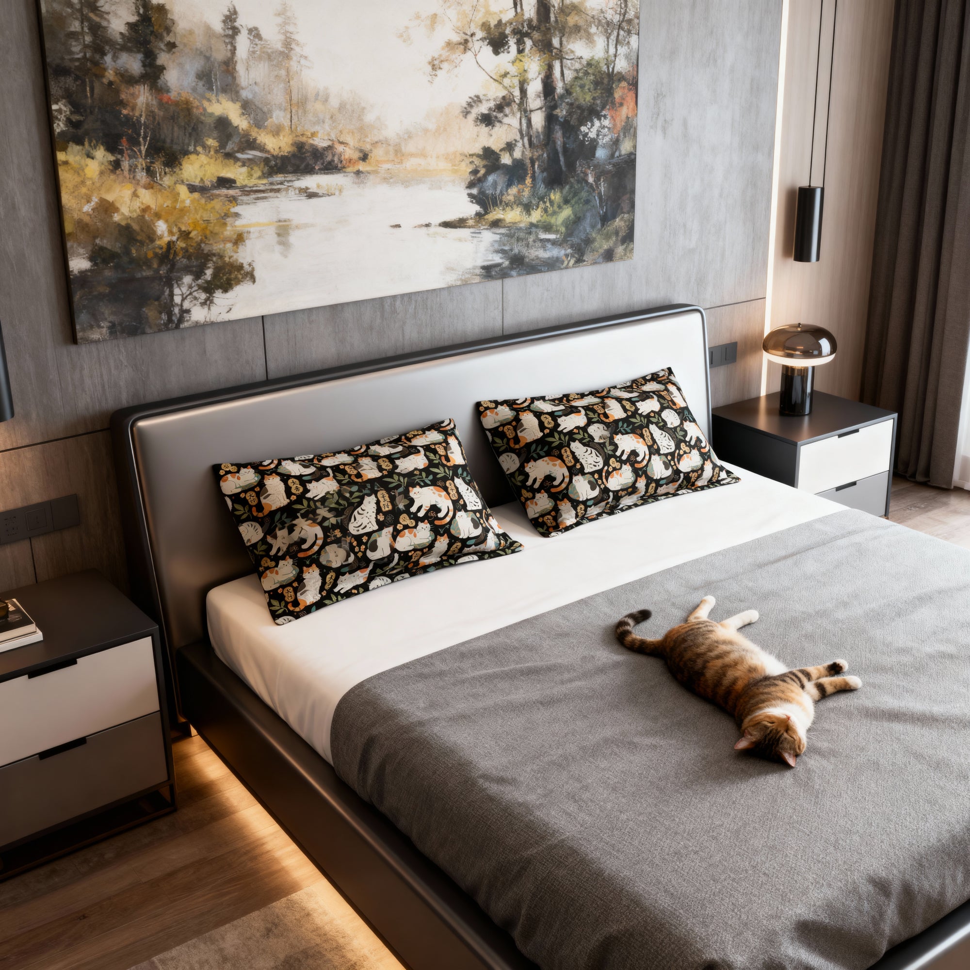 Pillow Sham - Traditional Japanese Maneki-Neko Cats and Auspicious Symbols Grace a Dark Background in this Fortunate Pattern