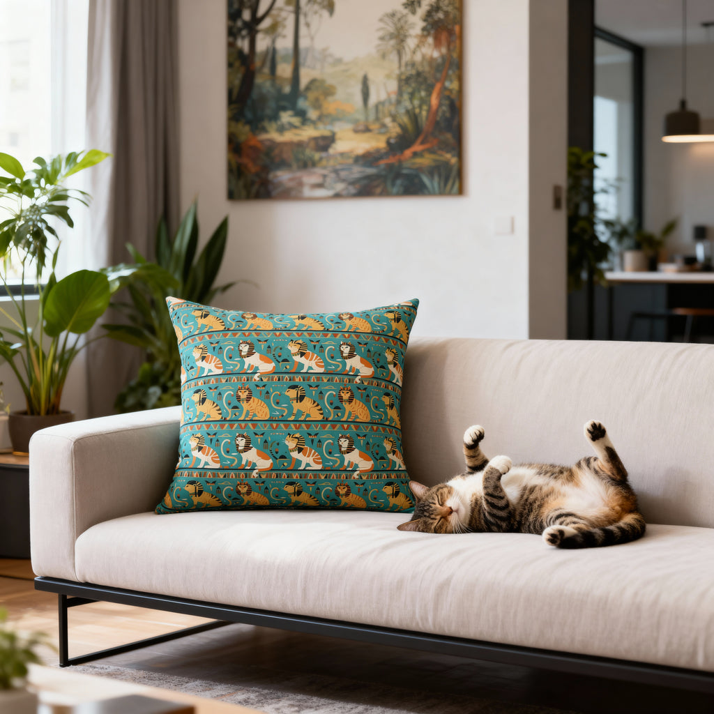 Indoor Square Pillow - Horizontal Stripes of Golden Egyptian Cats and Intricate Hieroglyphs Form a Repeating and Historically Themed Border Pattern