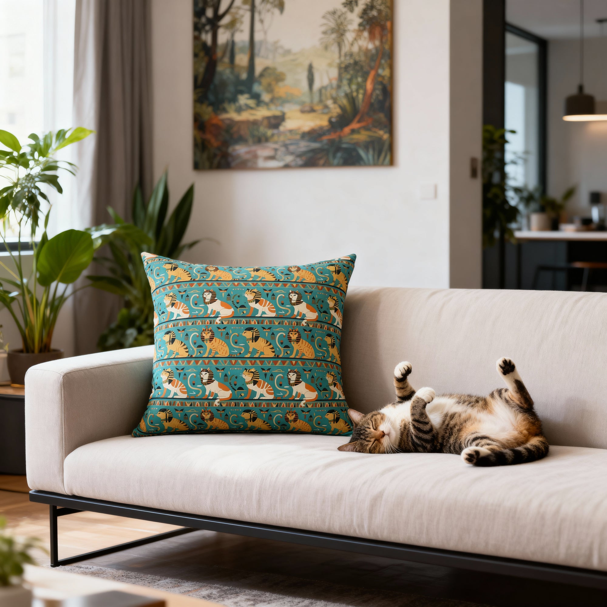 Indoor Square Pillow - Horizontal Stripes of Golden Egyptian Cats and Intricate Hieroglyphs Form a Repeating and Historically Themed Border Pattern
