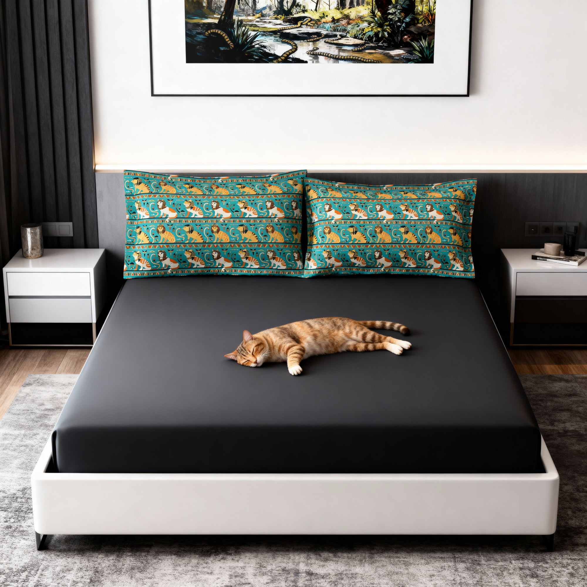 Pillow Sham - Horizontal Stripes of Golden Egyptian Cats and Intricate Hieroglyphs Form a Repeating and Historically Themed Border Pattern