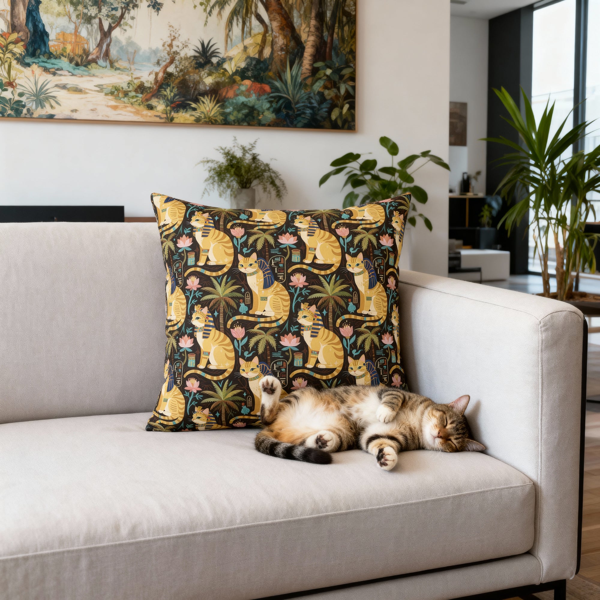 Indoor Square Pillow - Golden Egyptian Cats with Pharaonic Headpieces Amidst Lush Palms and Lotus Flowers in an Exotic and Vibrant Scene
