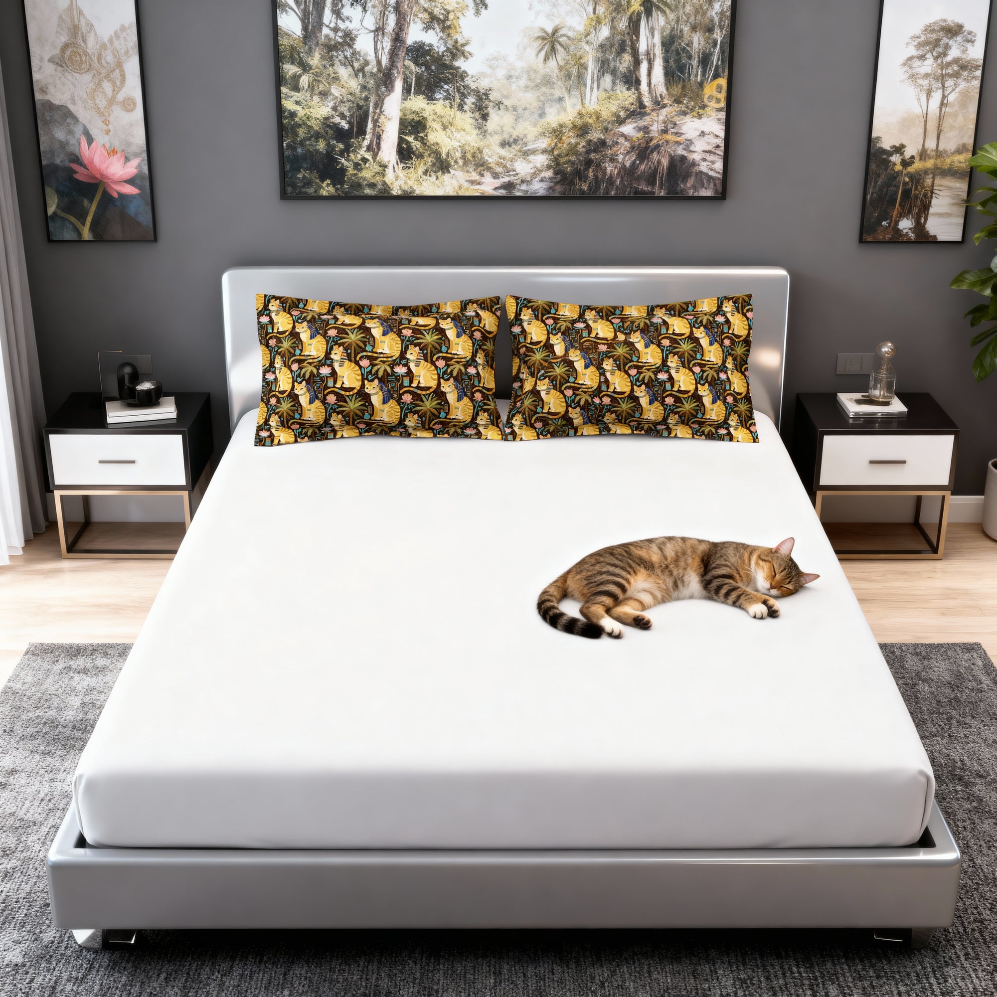 Pillow Sham - Golden Egyptian Cats with Pharaonic Headpieces Amidst Lush Palms and Lotus Flowers in an Exotic and Vibrant Scene