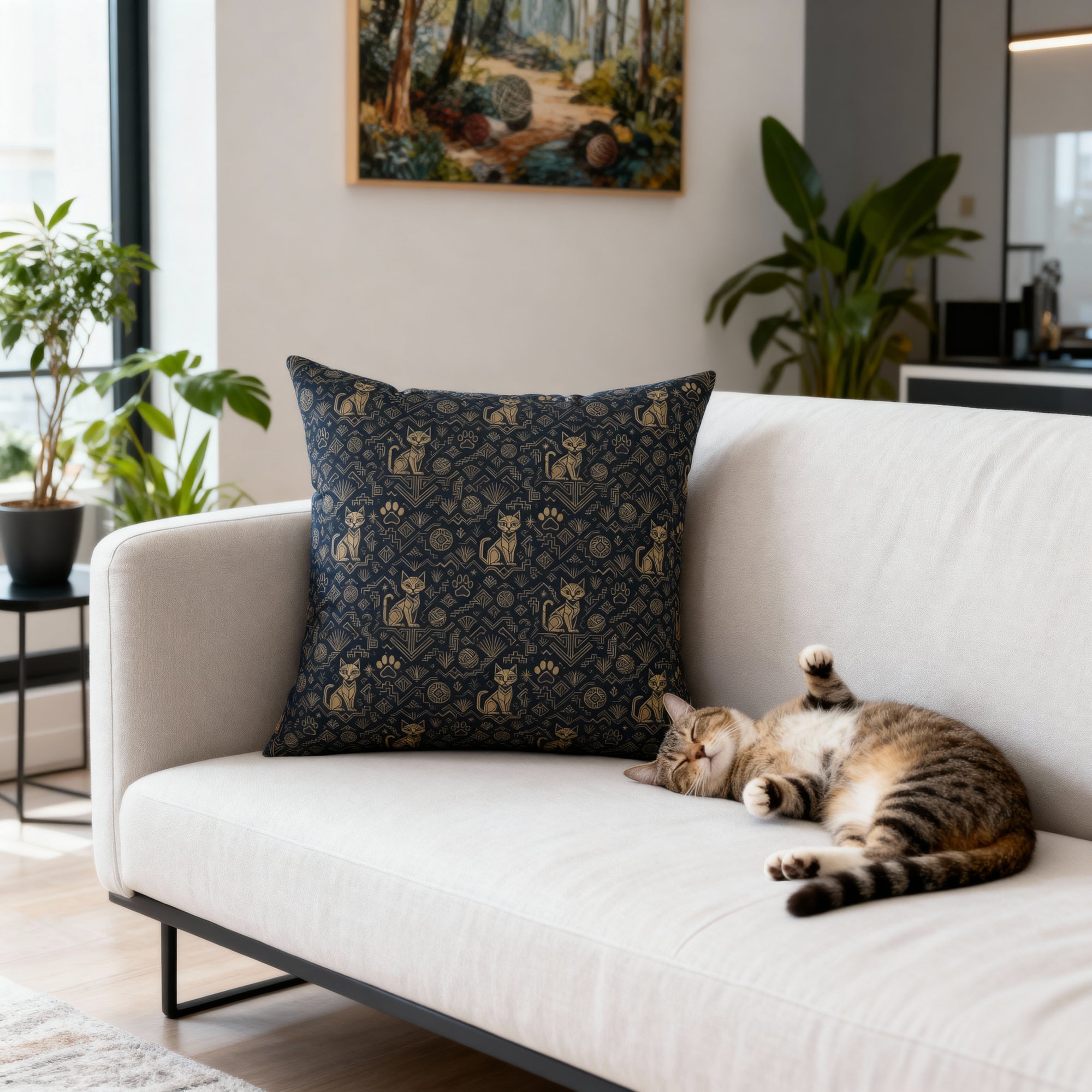 Indoor Square Pillow - Art Deco Inspired Golden Cat Silhouettes and Geometric Patterns Create a Sophisticated and Stylized Modern Design