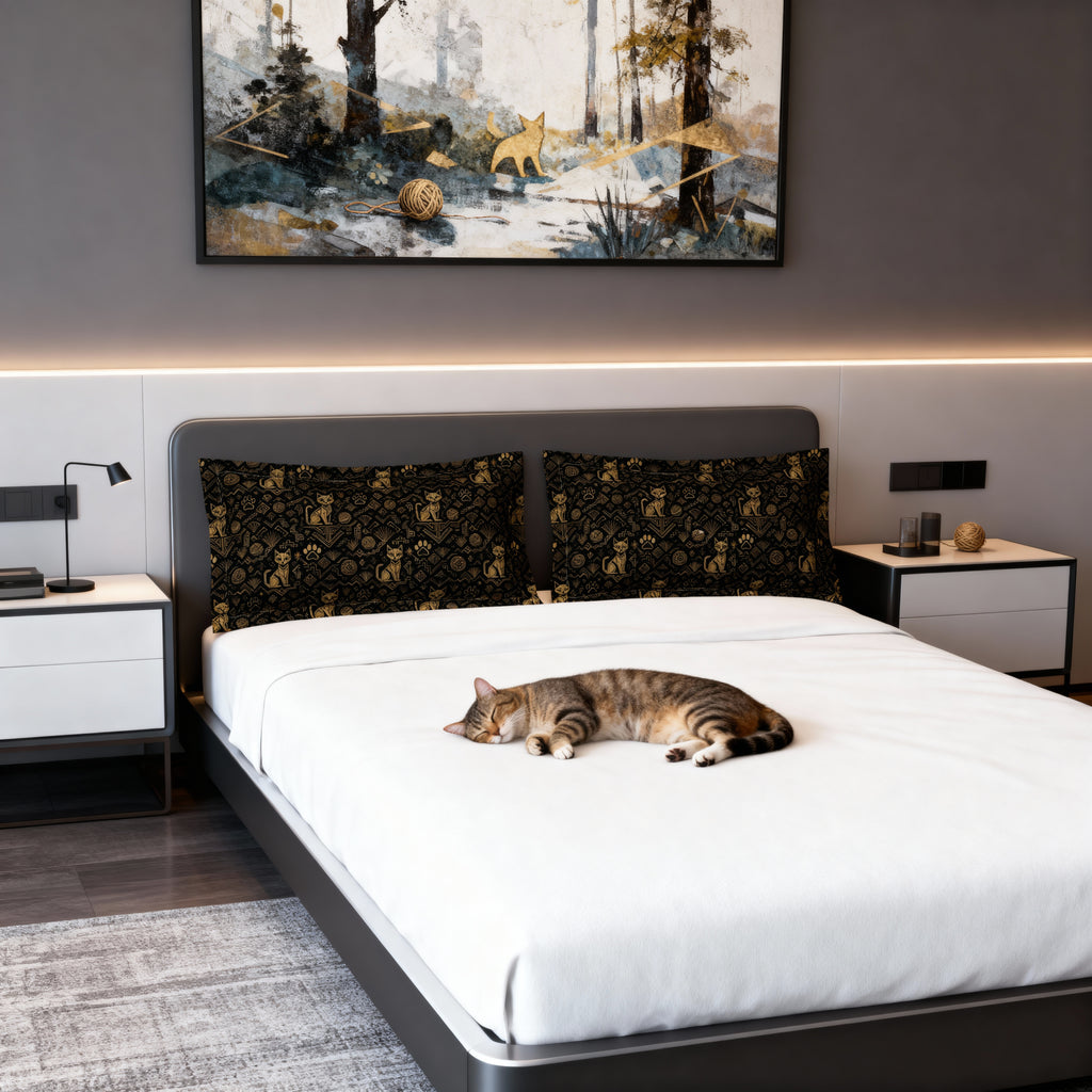 Pillow Sham - Art Deco Inspired Golden Cat Silhouettes and Geometric Patterns Create a Sophisticated and Stylized Modern Design