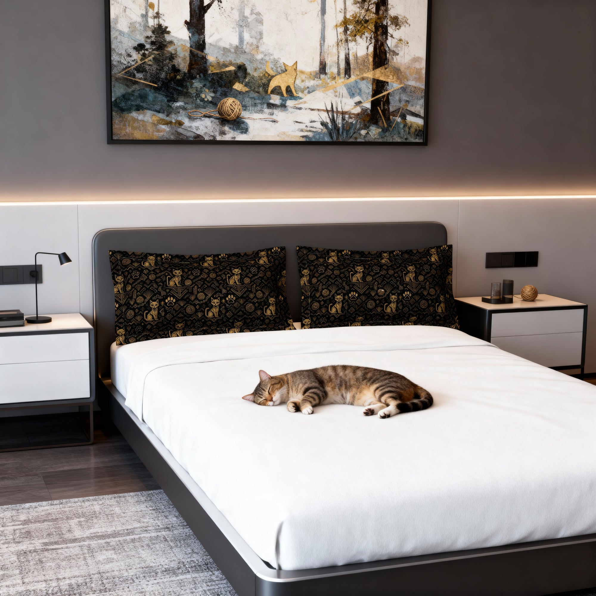 Pillow Sham - Art Deco Inspired Golden Cat Silhouettes and Geometric Patterns Create a Sophisticated and Stylized Modern Design