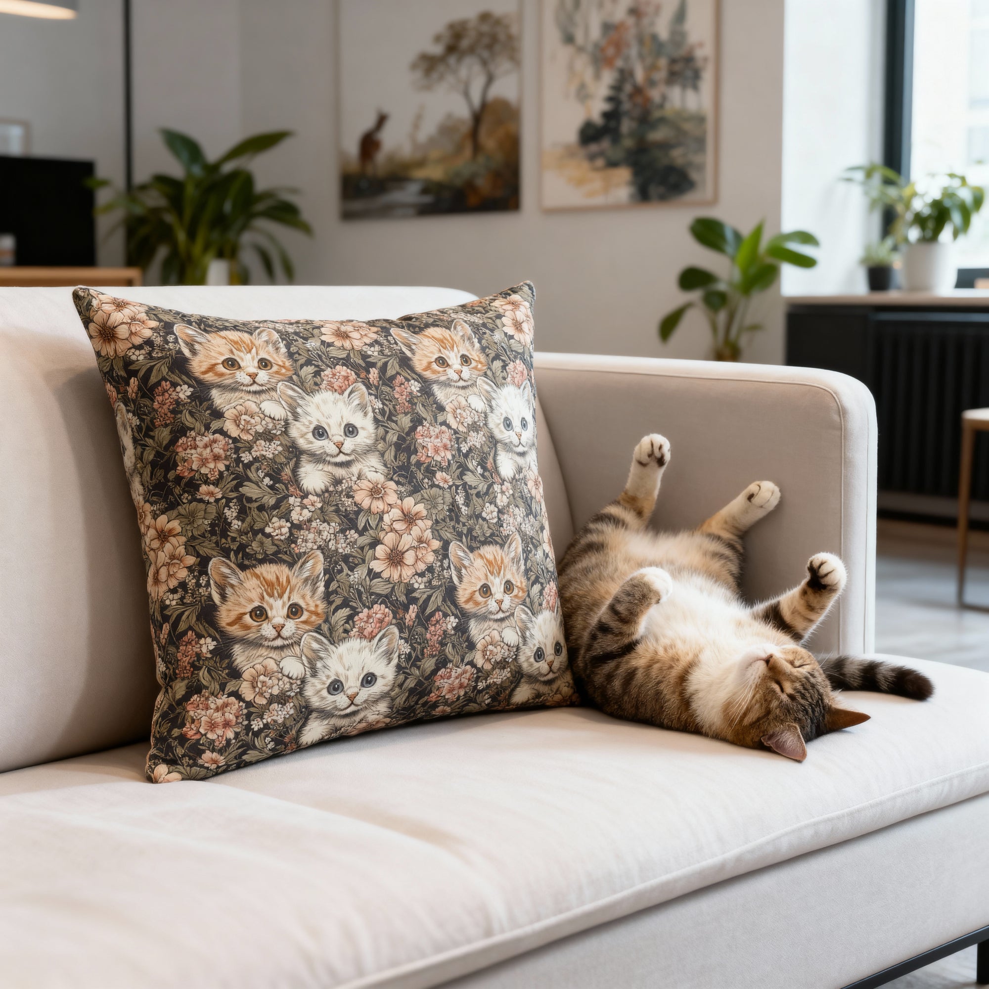 Indoor Square Pillow - Peach and White Kittens in Dark Floral Garden, Vintage Style, Sweet and Charming Scene
