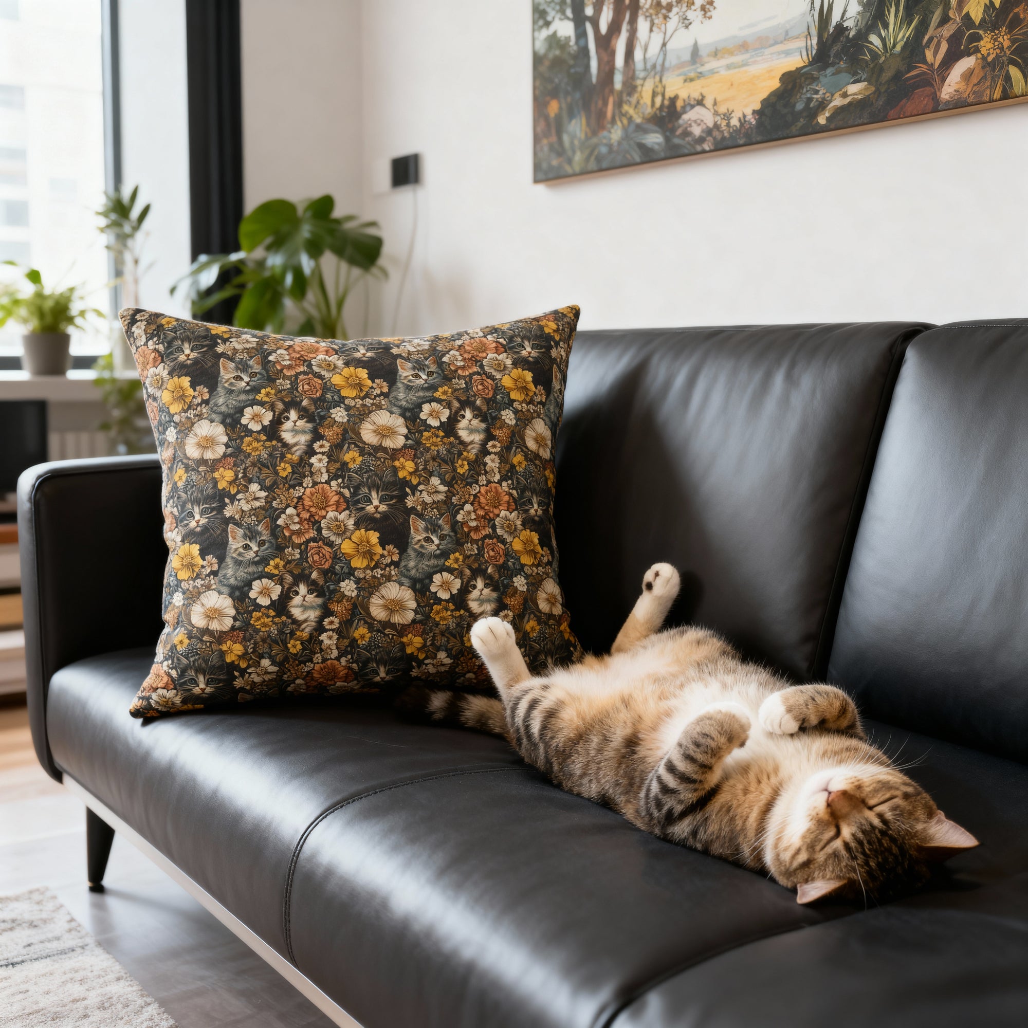 Indoor Square Pillow - Grey Tabby Kittens Among Yellow and Peach Flowers, Moody Vintage Botanical Illustration
