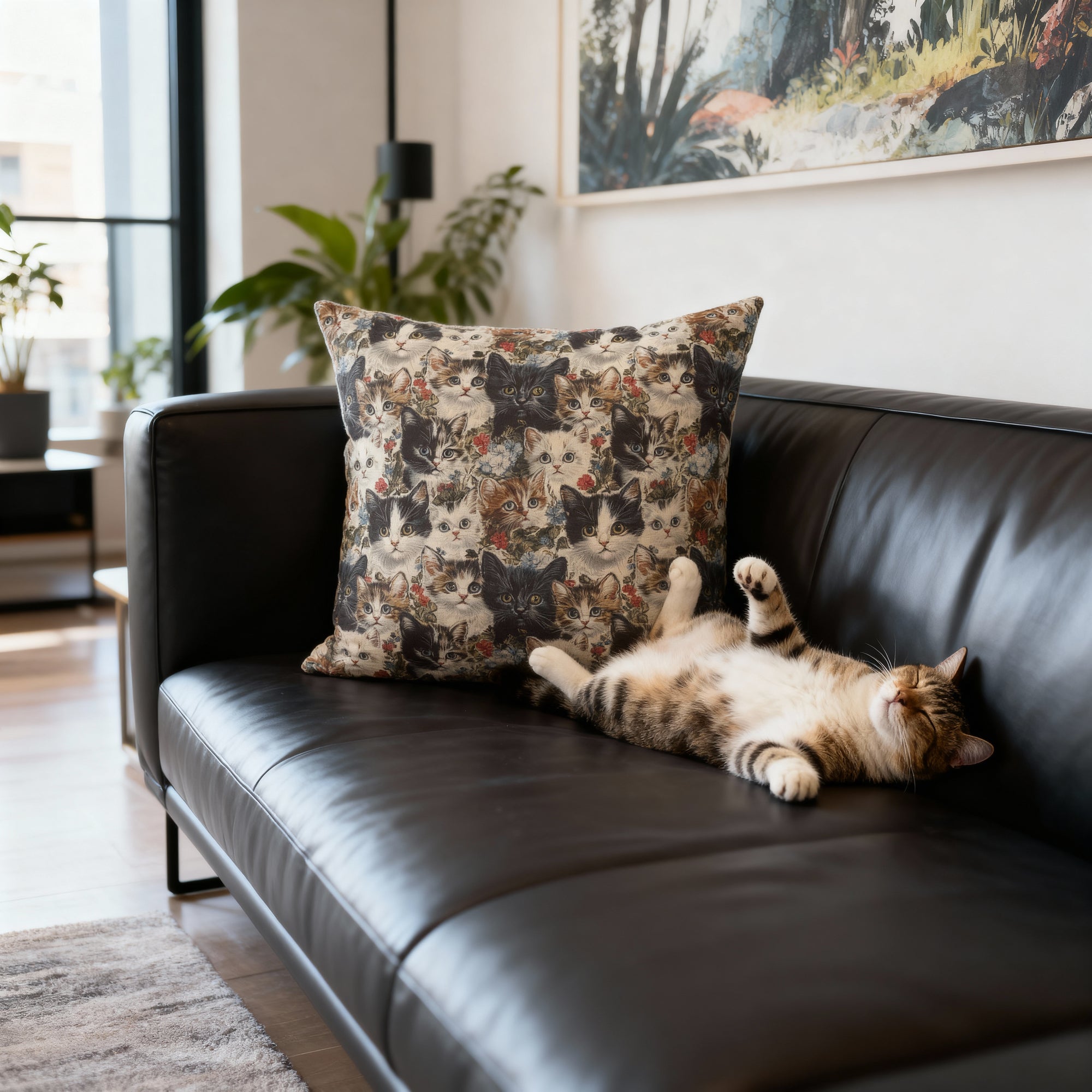 Indoor Square Pillow - Colorful Kitten Faces with Red and Blue Flowers, Whimsical and Bright, Pattern Design