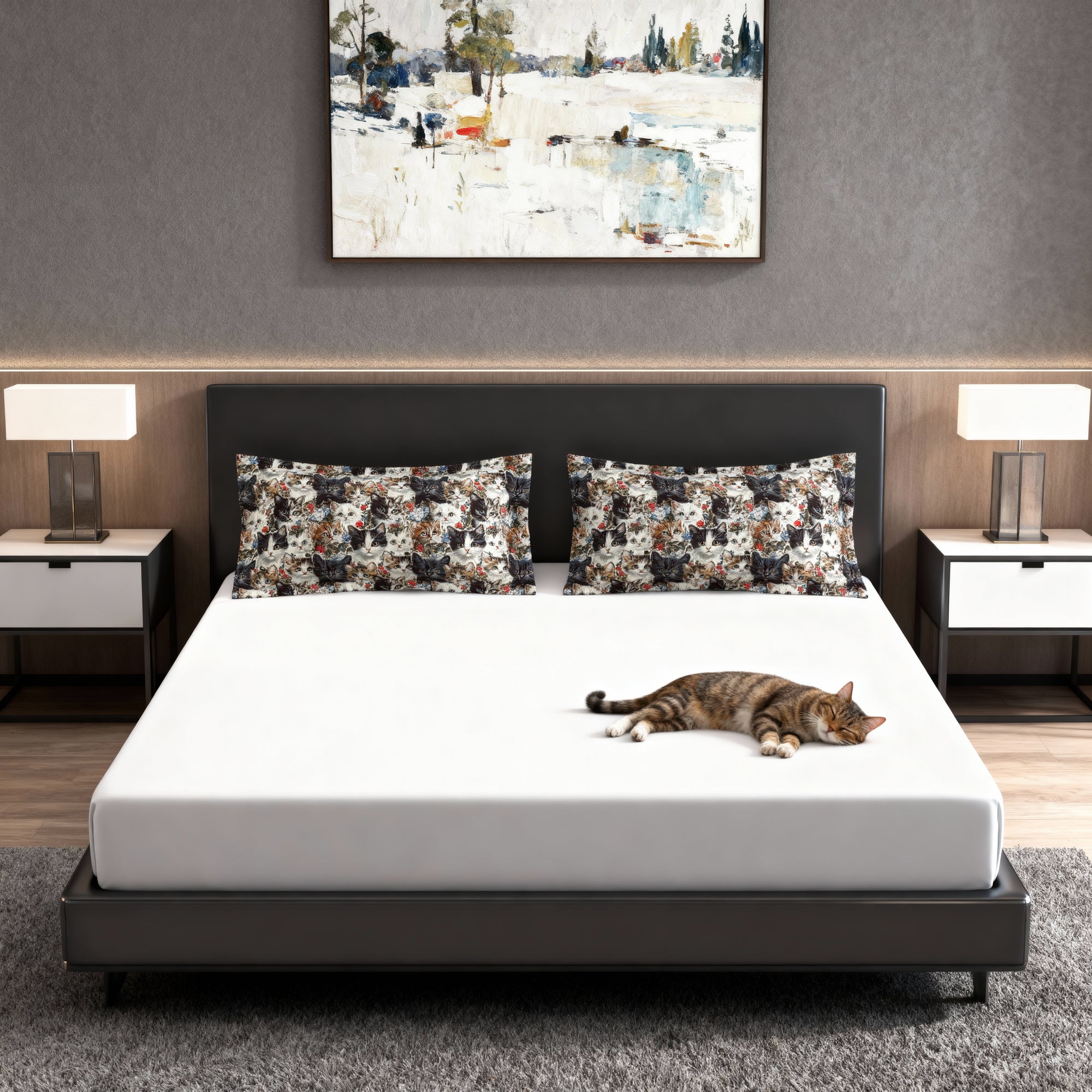 Pillow Sham - Colorful Kitten Faces with Red and Blue Flowers, Whimsical and Bright, Pattern Design