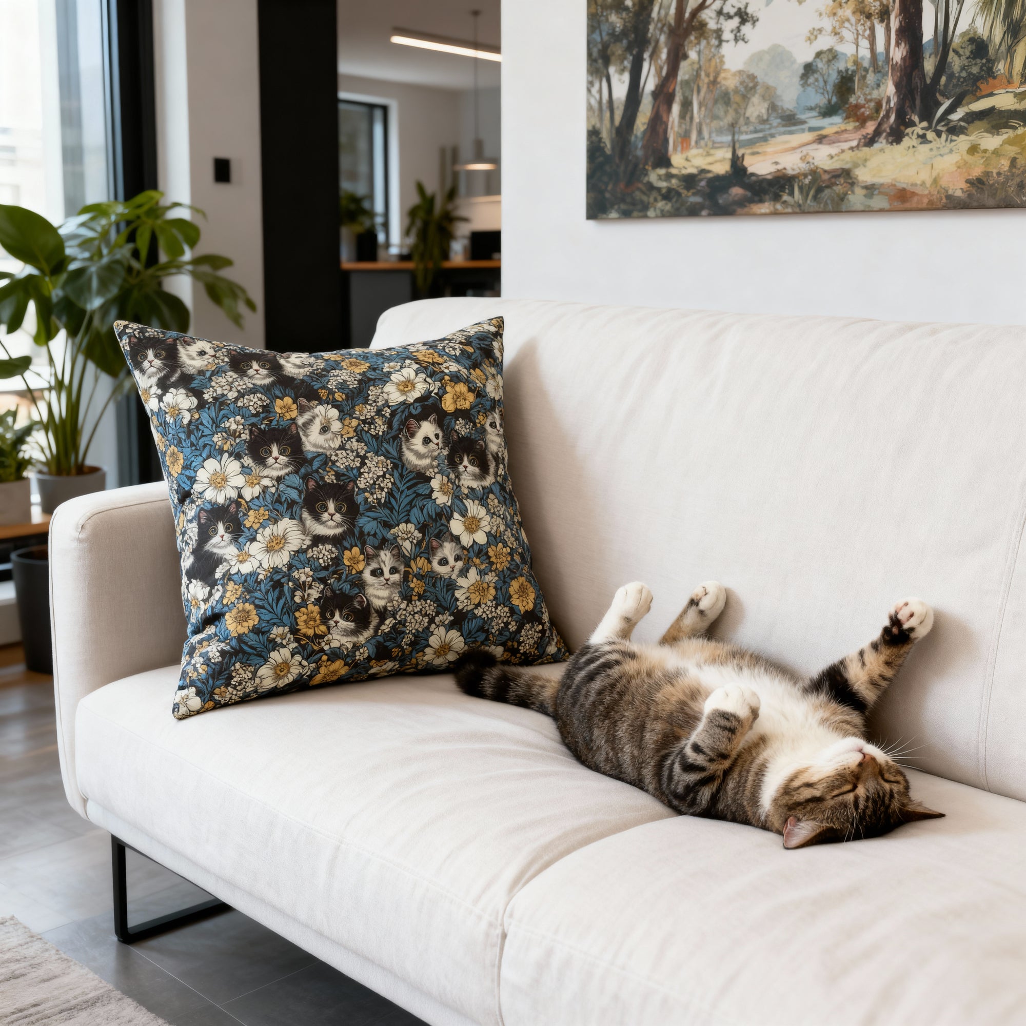 Indoor Square Pillow - Black and White Kittens with Yellow and White Flowers, Dark Blue Leaves, Vintage Charm