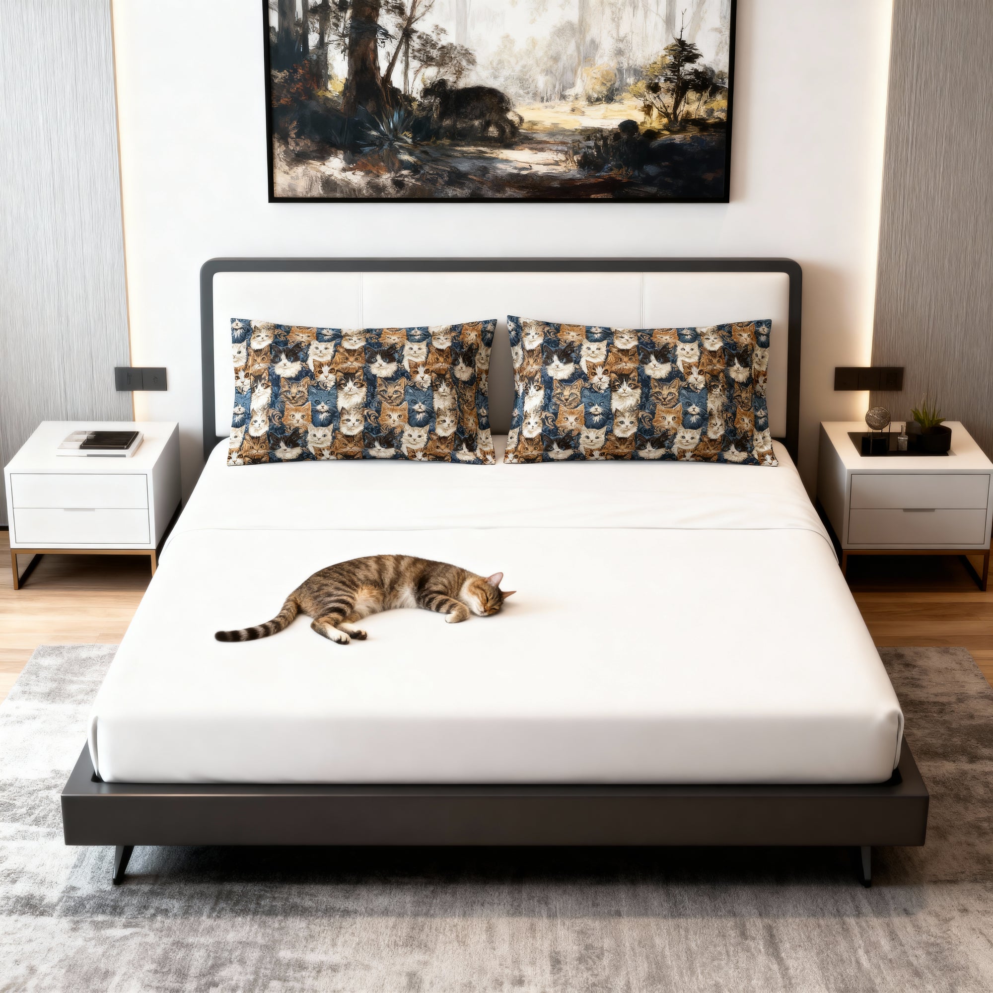 Pillow Sham - Blue Eyed Cats with Brown and White Fur on a Deep Blue Damask Background