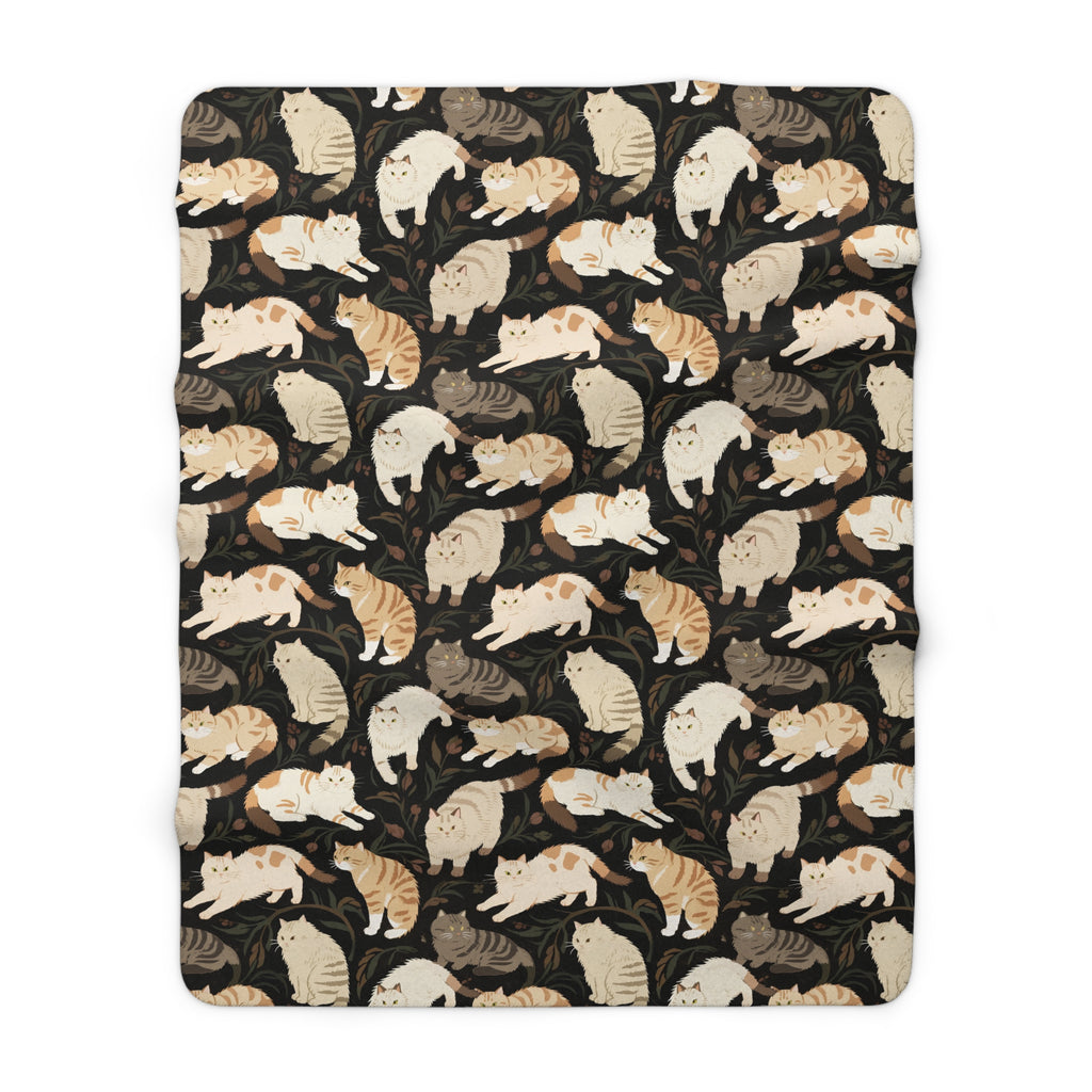 Sherpa Blanket - Earthy Toned Cats Lounge and Play Amidst Dark Foliage in a Serene and Naturally Inspired Seamless Pattern Design