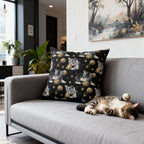 Indoor Square Pillow - Grey and White Kittens Playing with Golden Yarn on a Black Background with Paw Prints