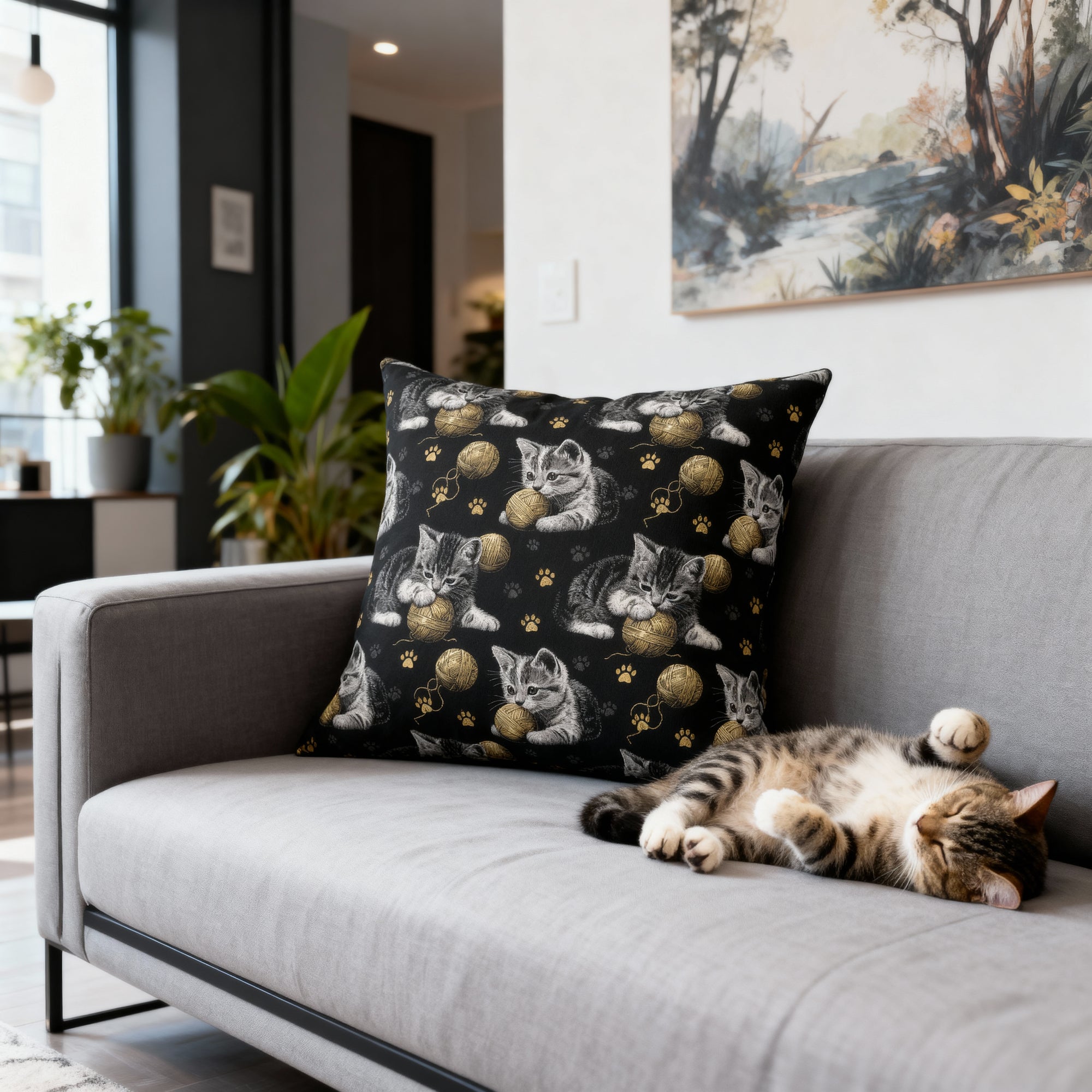 Indoor Square Pillow - Grey and White Kittens Playing with Golden Yarn on a Black Background with Paw Prints