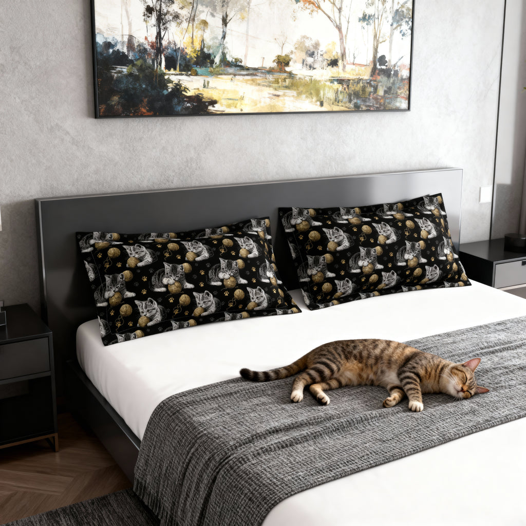 Pillow Sham - Grey and White Kittens Playing with Golden Yarn on a Black Background with Paw Prints