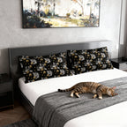 Pillow Sham - Grey and White Kittens Playing with Golden Yarn on a Black Background with Paw Prints