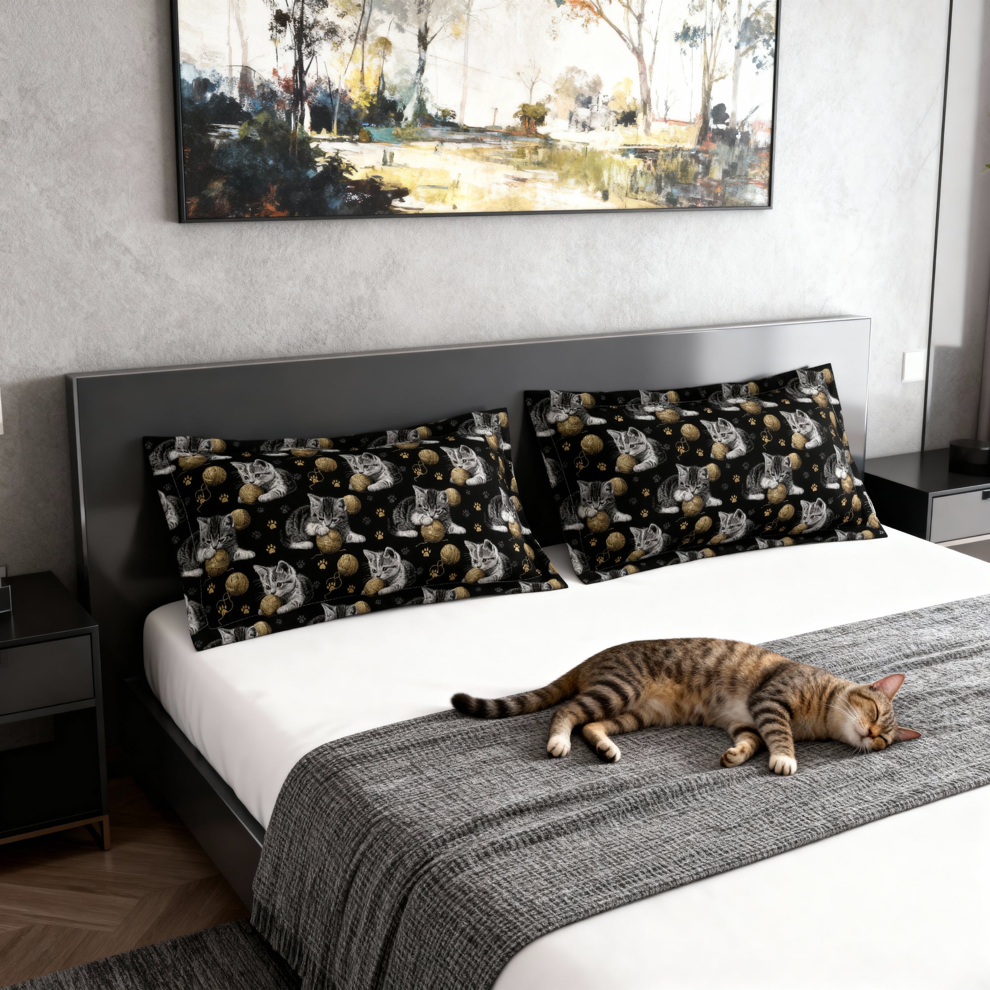 Pillow Sham - Grey and White Kittens Playing with Golden Yarn on a Black Background with Paw Prints