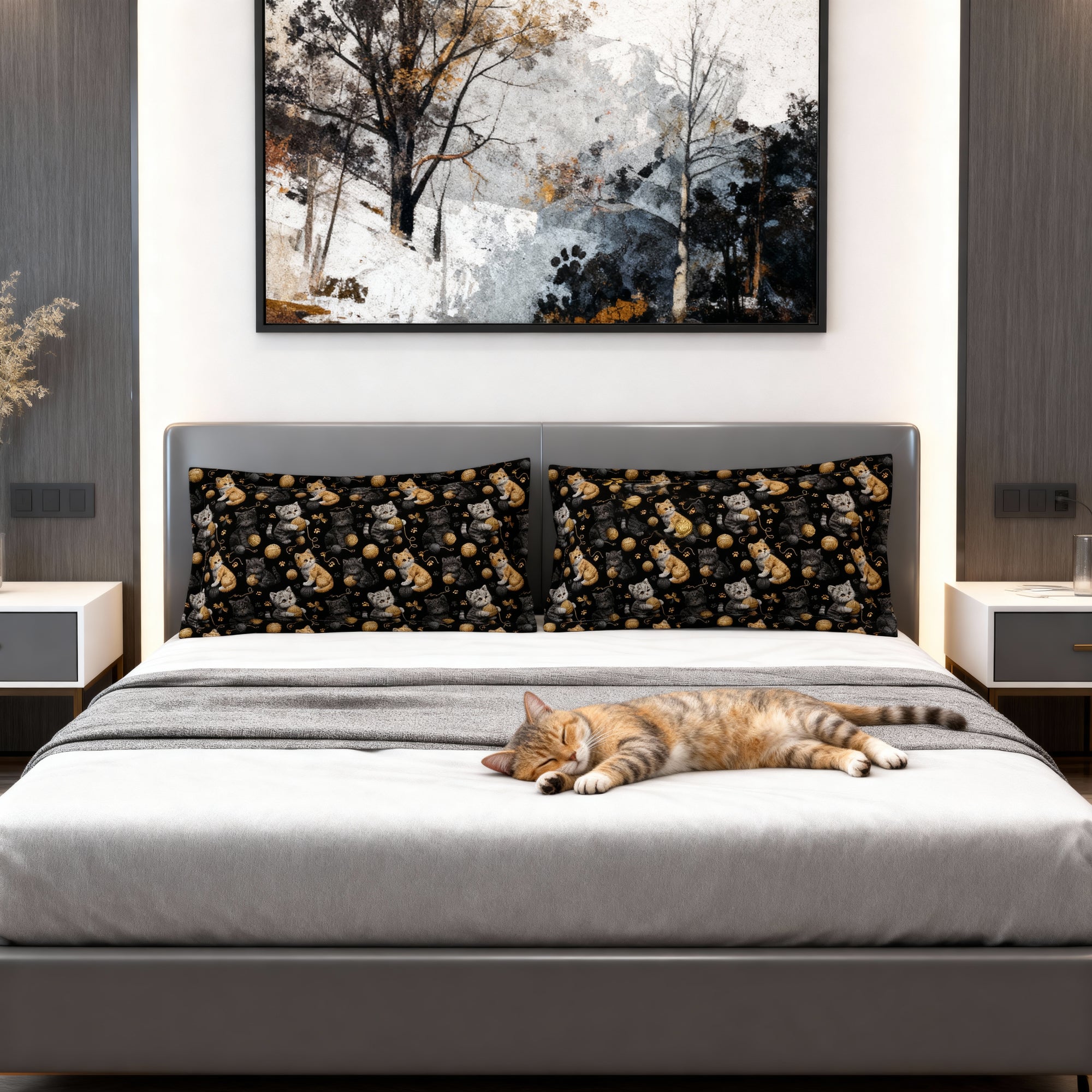 Pillow Sham - Assorted Cute Kittens with Colorful Yarn Balls and Paw Prints on a Black Backdrop