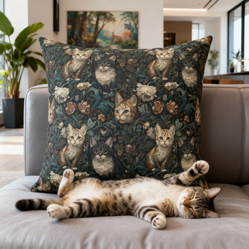 Indoor Square Pillow - Brown Tabby Kittens Among Dark Green and Peach Floral Vines, Moody Vintage Style