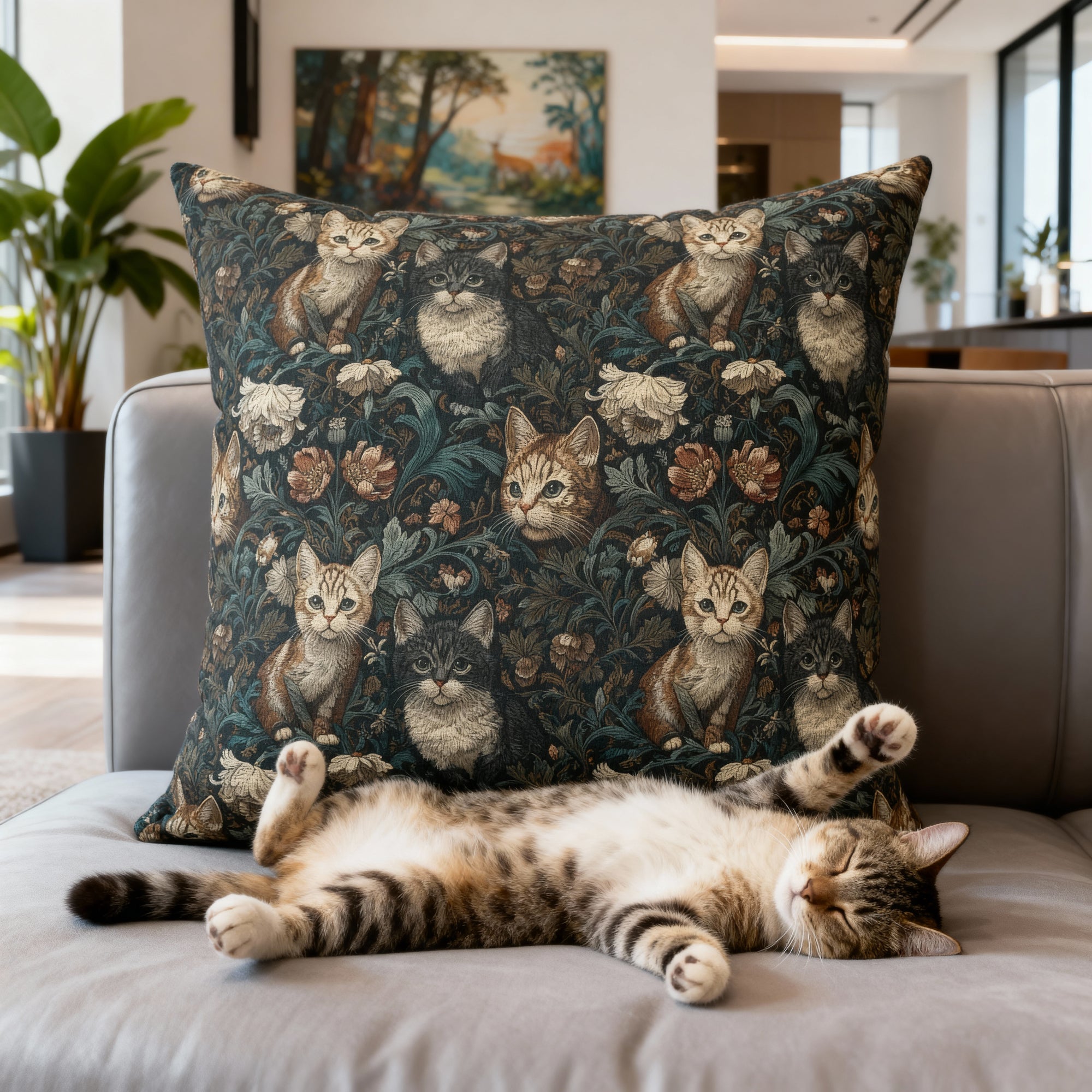 Indoor Square Pillow - Brown Tabby Kittens Among Dark Green and Peach Floral Vines, Moody Vintage Style
