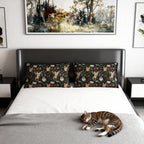 Pillow Sham - Brown Tabby Kittens Among Dark Green and Peach Floral Vines, Moody Vintage Style