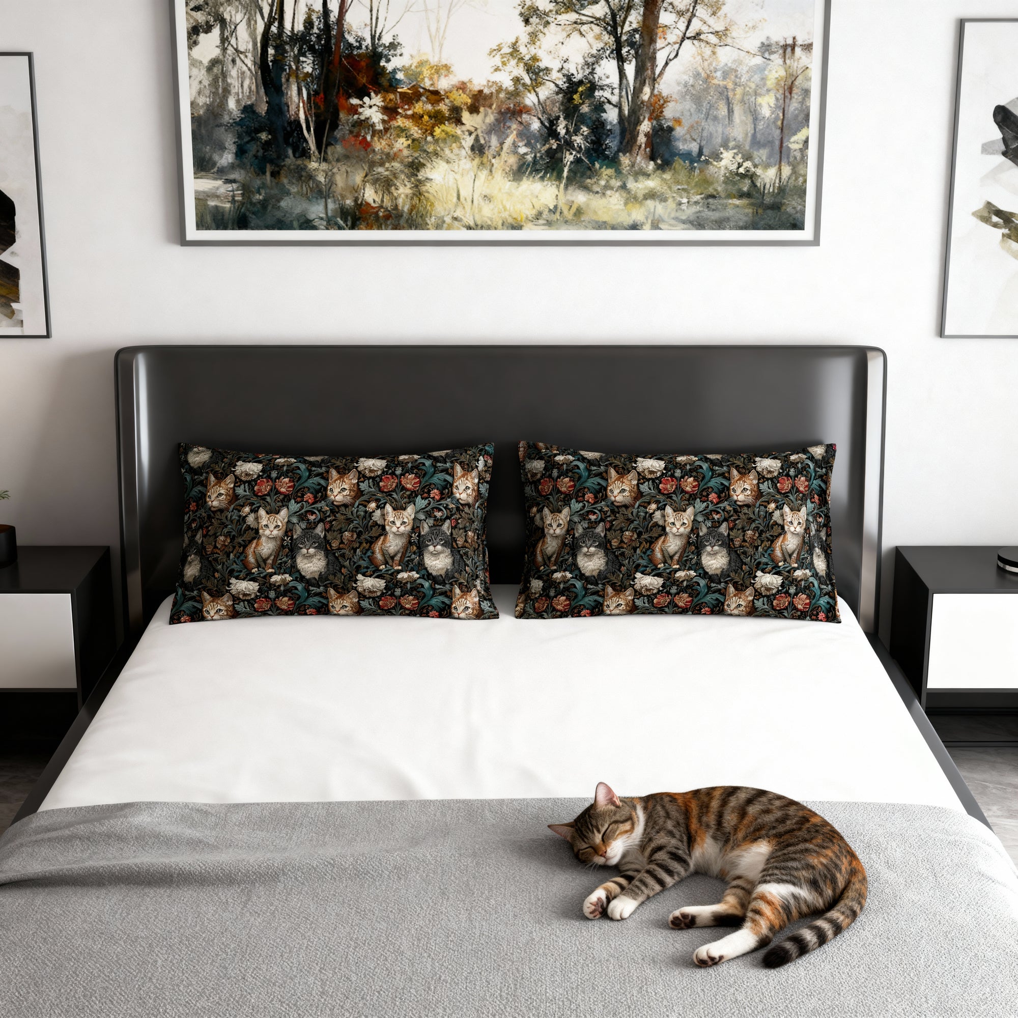 Pillow Sham - Brown Tabby Kittens Among Dark Green and Peach Floral Vines, Moody Vintage Style