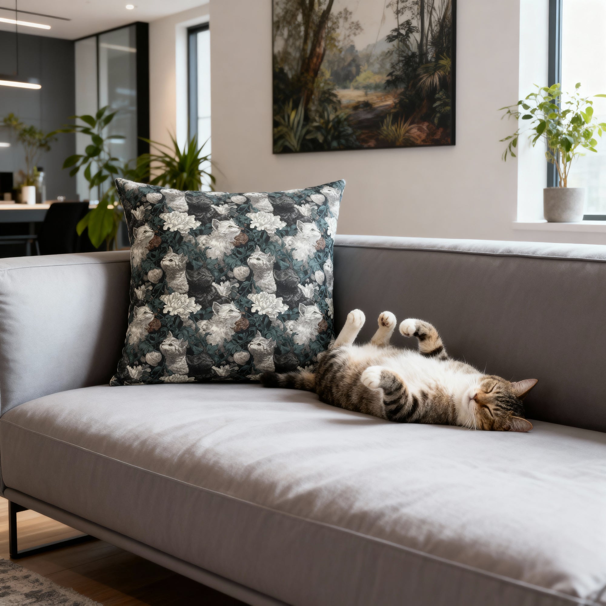 Indoor Square Pillow - Grey and White Kittens with Creamy White Flowers and Dark Green Foliage, Elegant Vintage Vibe