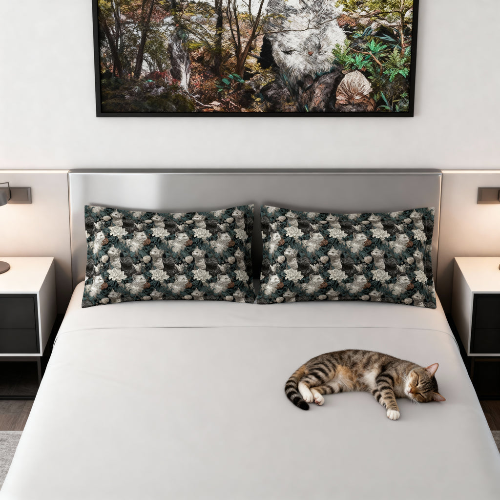 Pillow Sham - Grey and White Kittens with Creamy White Flowers and Dark Green Foliage, Elegant Vintage Vibe