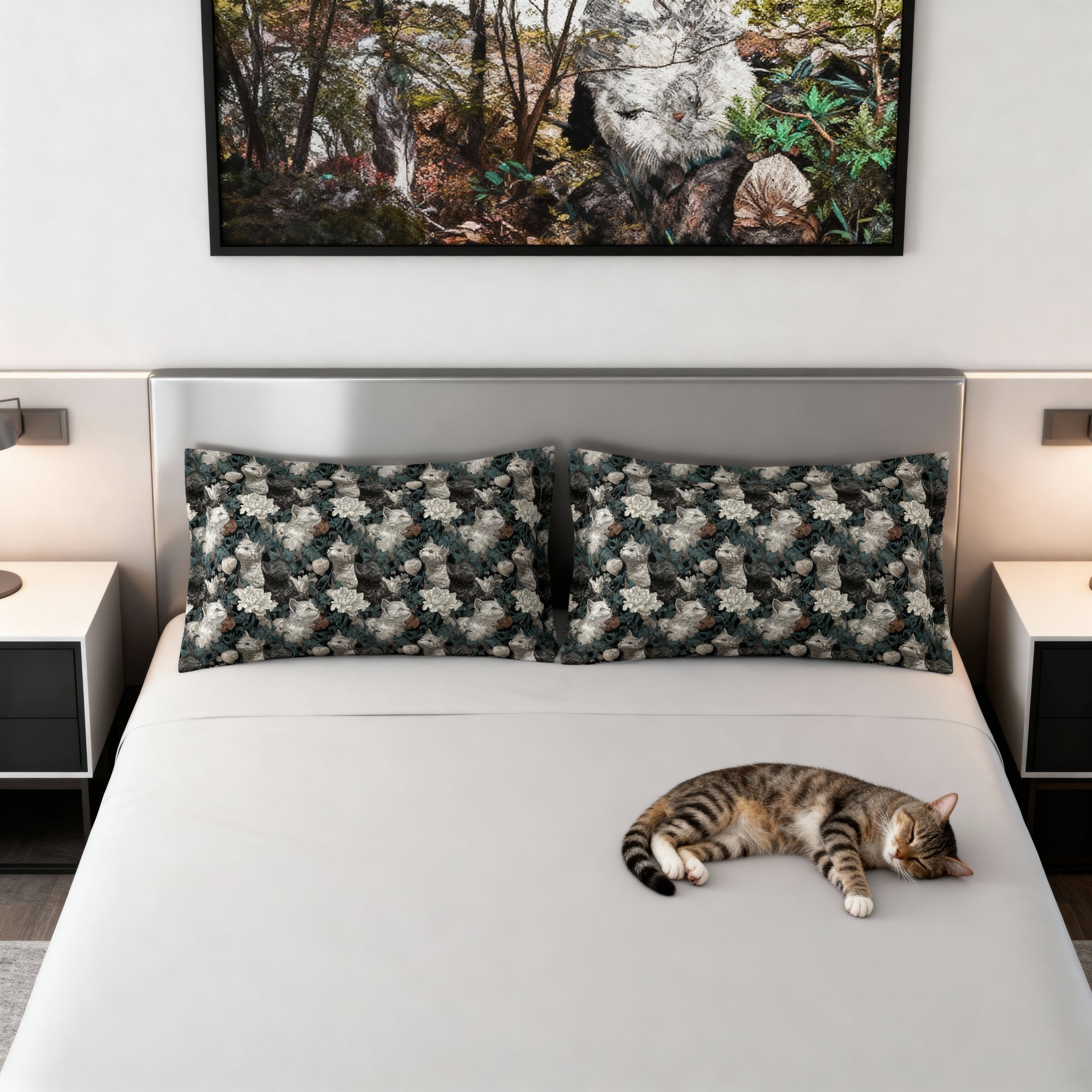 Pillow Sham - Grey and White Kittens with Creamy White Flowers and Dark Green Foliage, Elegant Vintage Vibe