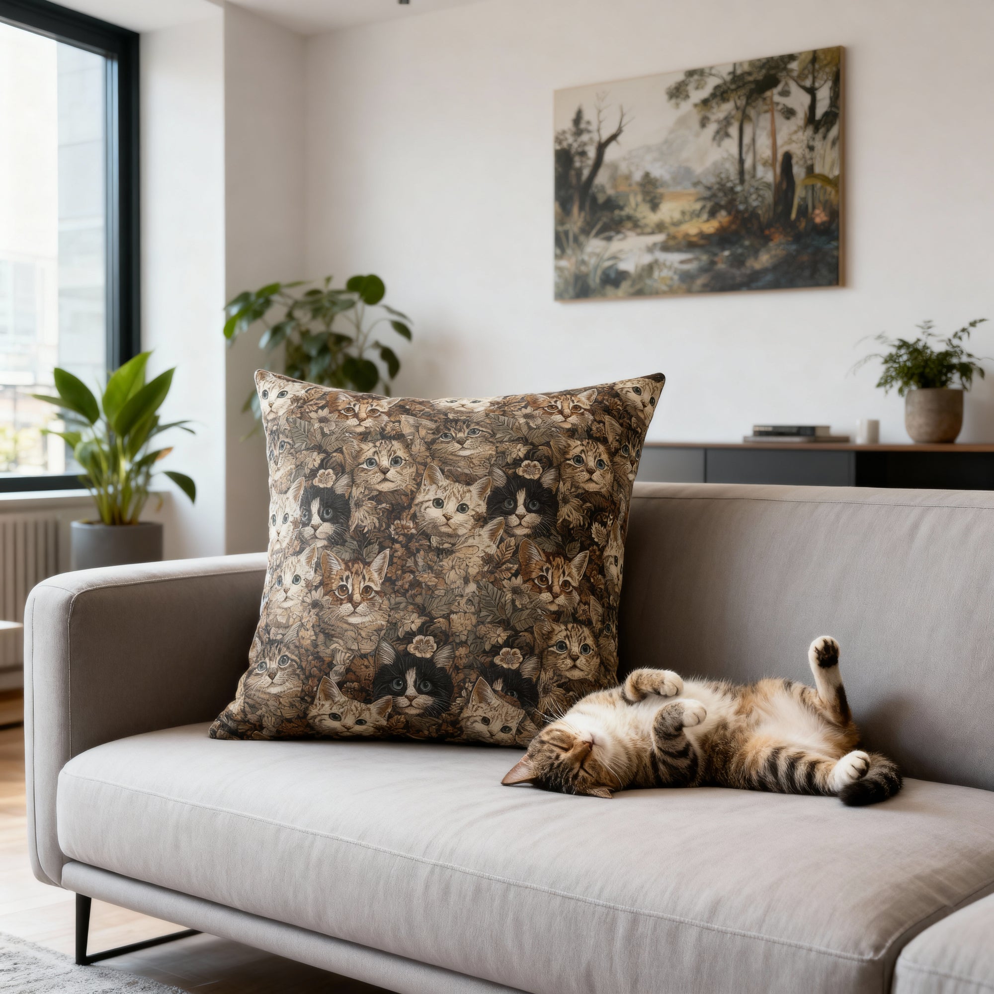 Indoor Square Pillow - An intricate and detailed vintage illustration featuring a close-up of various fluffy cats with bright eyes amidst lush, ornate floral foliage in sepia tones.