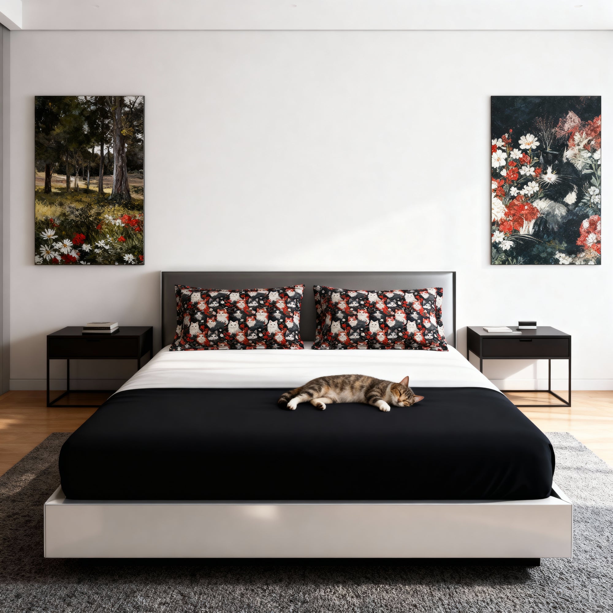 Pillow Sham - A detailed and ornate Victorian-style pattern featuring a tight grouping of fluffy cats of various colors surrounded by black and red flowers and leaves.