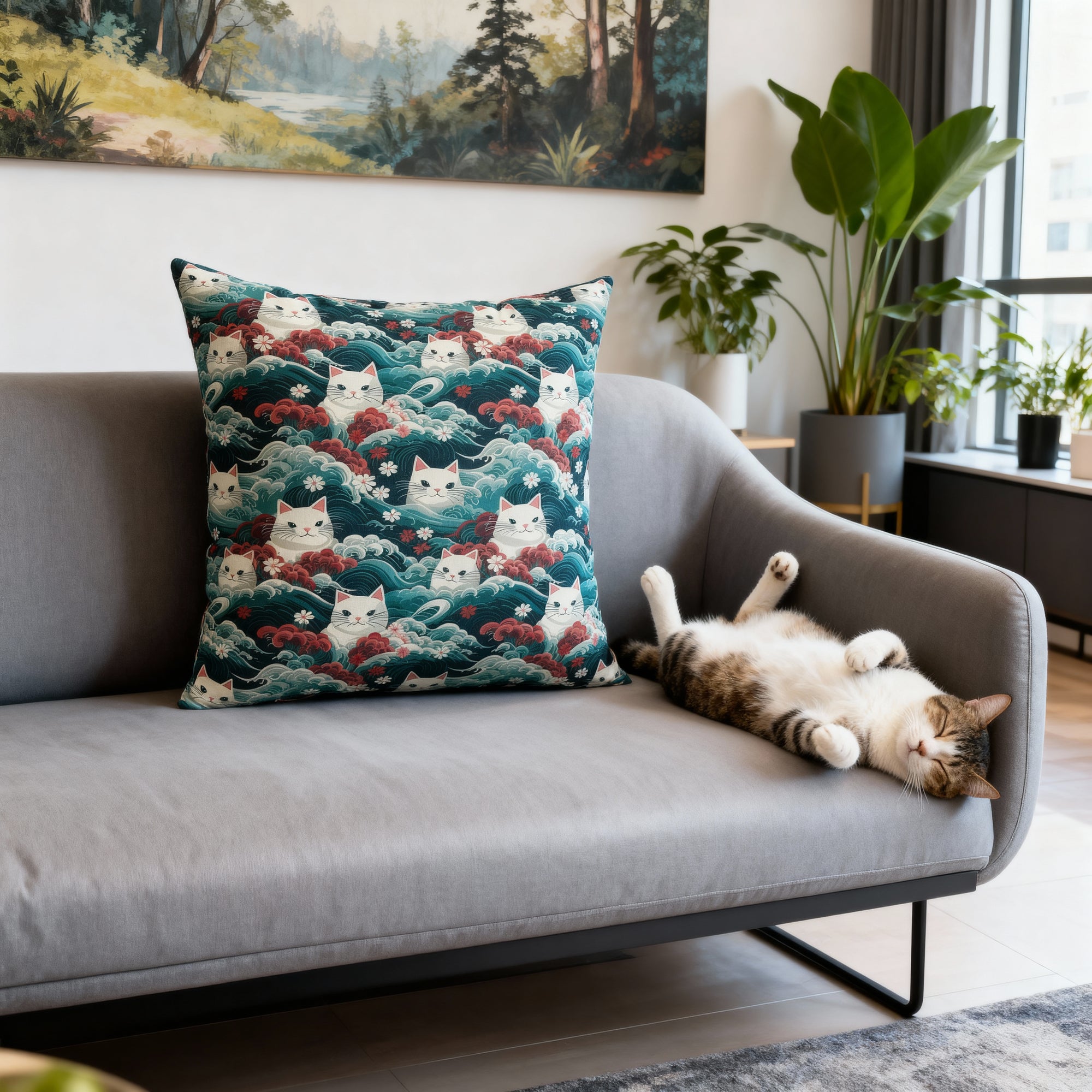 Indoor Square Pillow - A dramatic and powerful Japanese woodblock print-style illustration of cats amidst powerful waves, red flowers, and white cherry blossoms.