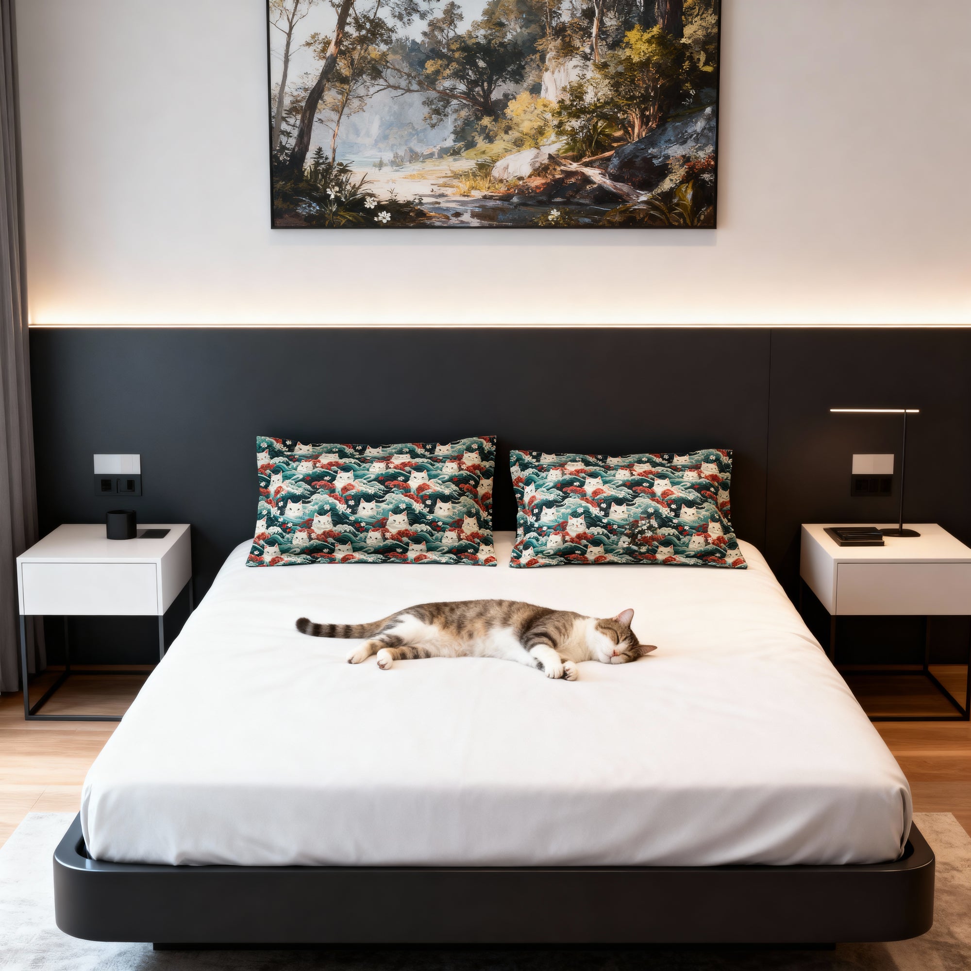 Pillow Sham - A dramatic and powerful Japanese woodblock print-style illustration of cats amidst powerful waves, red flowers, and white cherry blossoms.