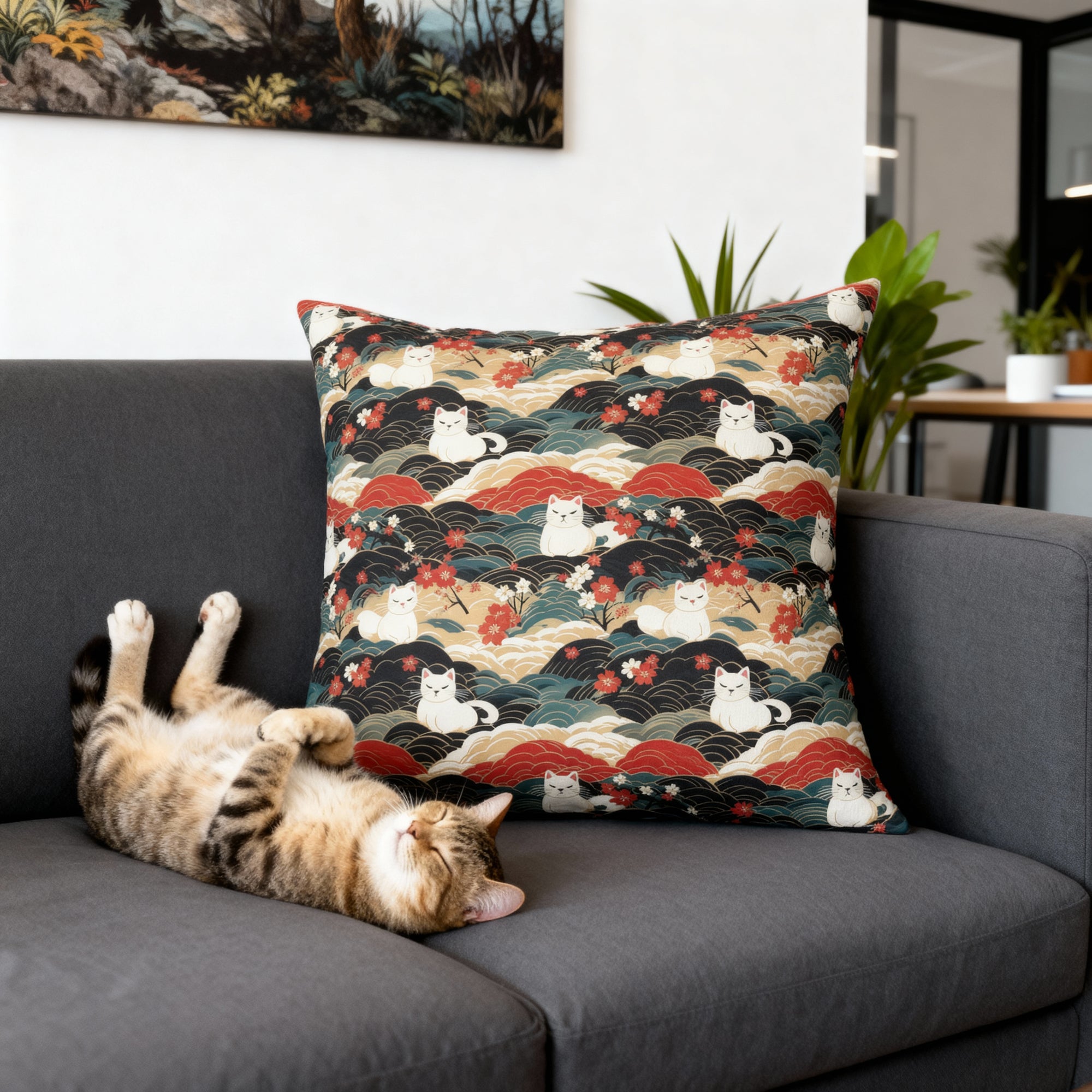 Indoor Square Pillow - A beautiful, Japanese-inspired illustration of tranquil white cats resting on rolling clouds with vibrant red and white cherry blossoms.