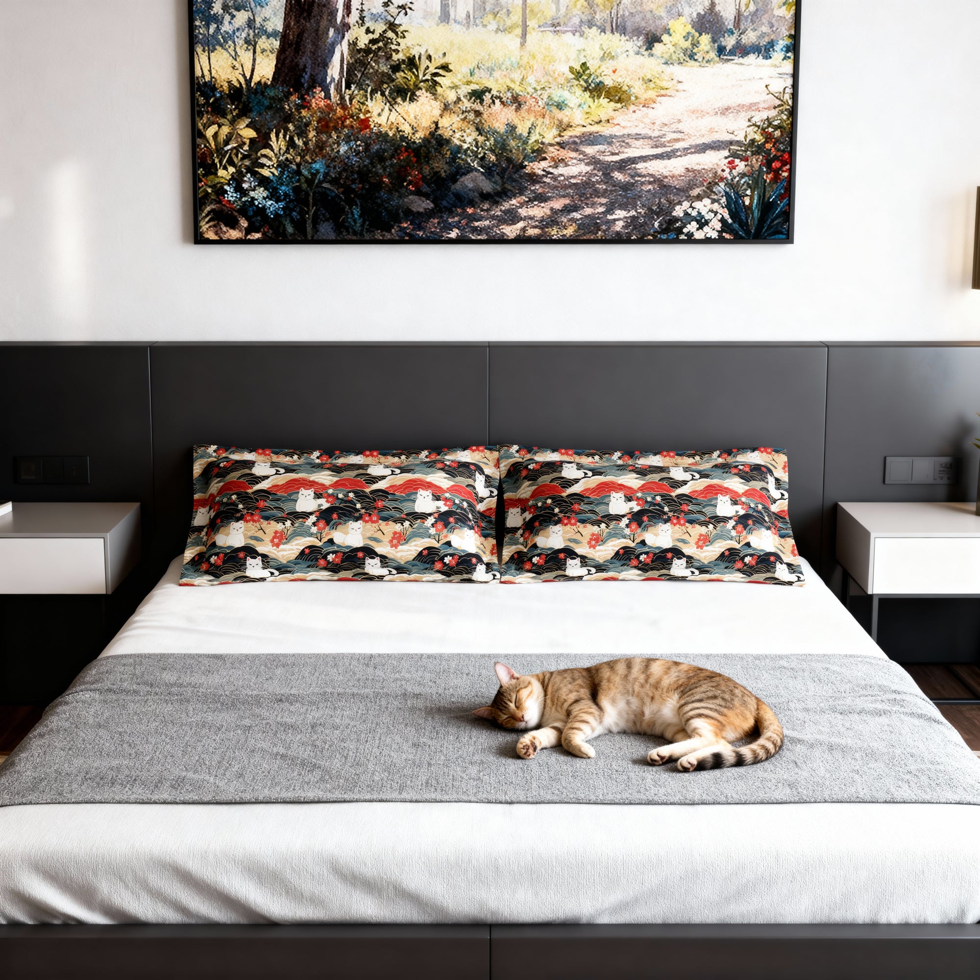 Pillow Sham - A beautiful, Japanese-inspired illustration of tranquil white cats resting on rolling clouds with vibrant red and white cherry blossoms.