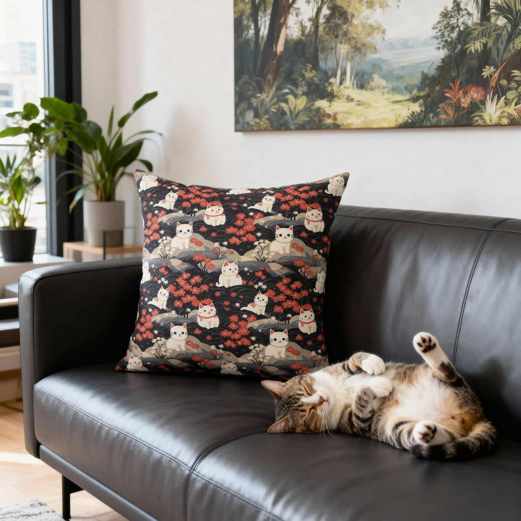 Indoor Square Pillow - A charming, minimalist, Japanese-style illustration of cute white cats sitting amongst vibrant red and white flowers on a dark background.