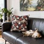 Indoor Square Pillow - A charming, minimalist, Japanese-style illustration of cute white cats sitting amongst vibrant red and white flowers on a dark background.