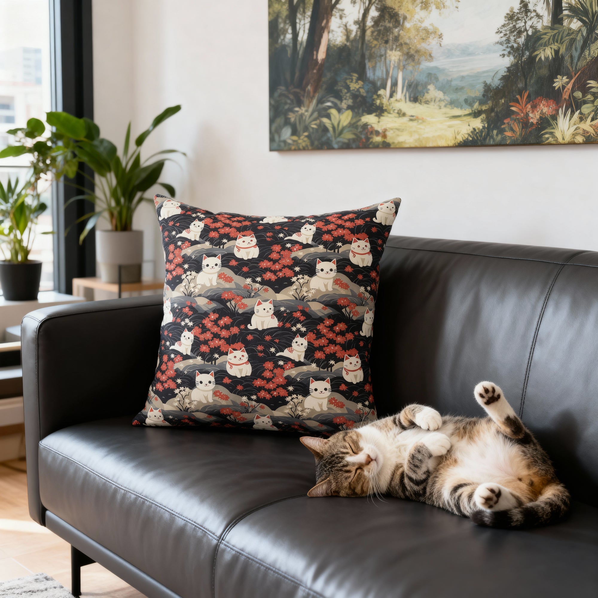 Indoor Square Pillow - A charming, minimalist, Japanese-style illustration of cute white cats sitting amongst vibrant red and white flowers on a dark background.