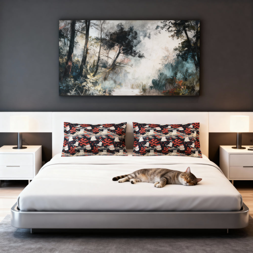Pillow Sham - A charming, minimalist, Japanese-style illustration of cute white cats sitting amongst vibrant red and white flowers on a dark background.