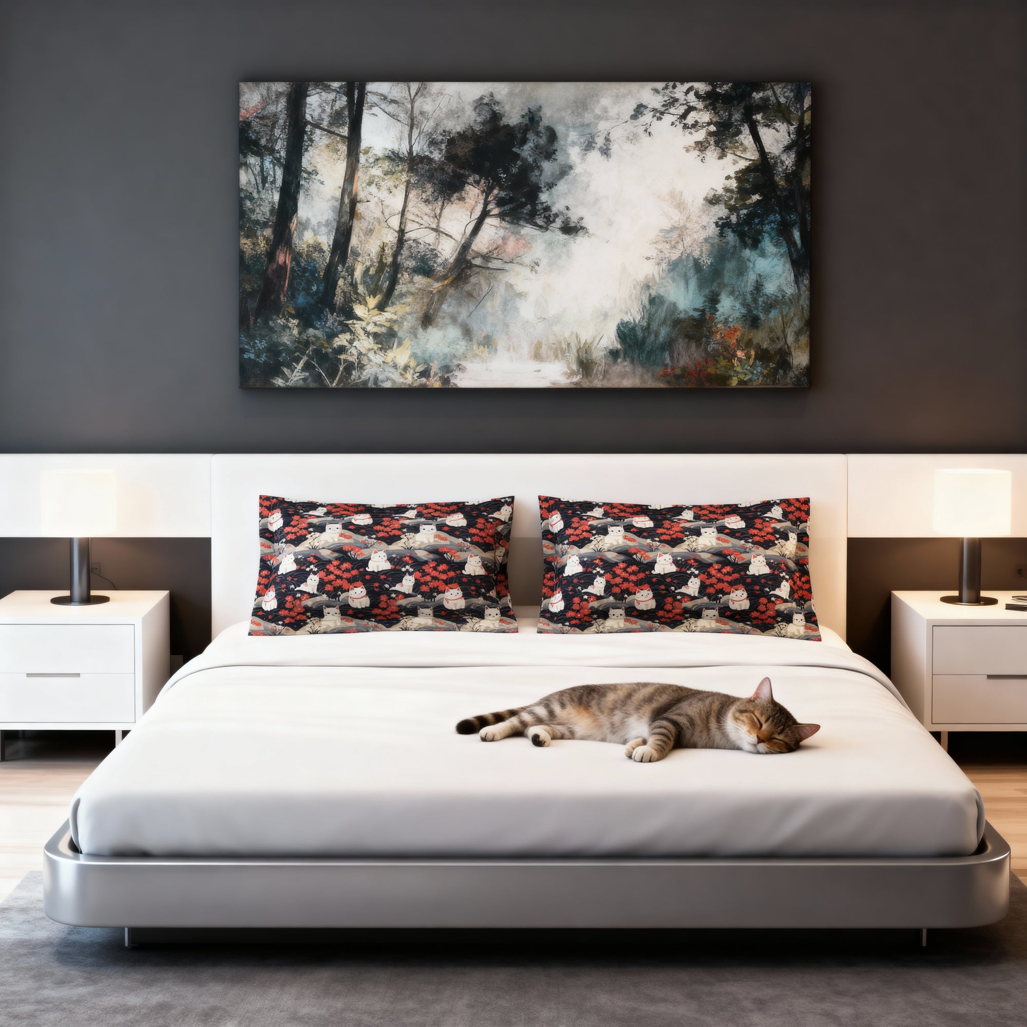 Pillow Sham - A charming, minimalist, Japanese-style illustration of cute white cats sitting amongst vibrant red and white flowers on a dark background.