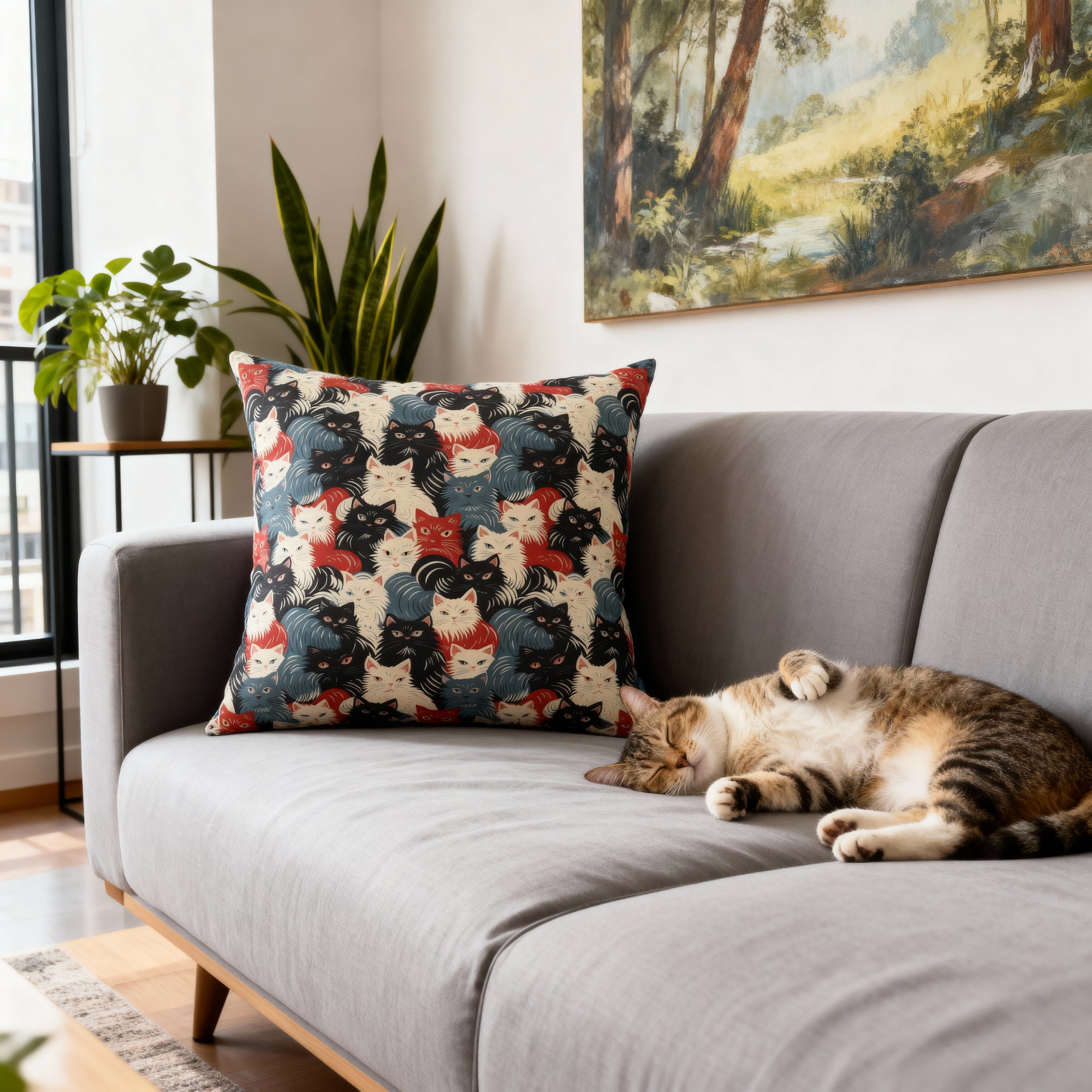 Indoor Square Pillow - A bold and graphic pop art style illustration featuring a tight-knit cluster of various fluffy felines in black, white, red, and blue.
