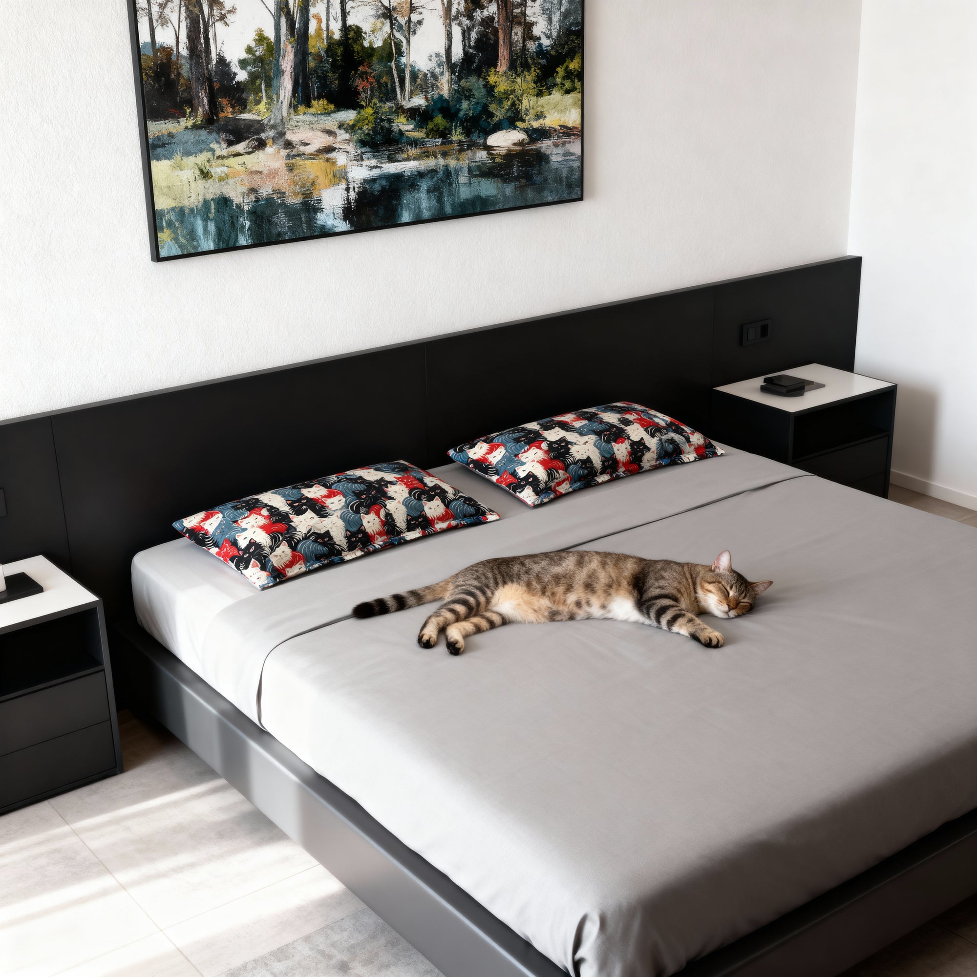 Pillow Sham - A bold and graphic pop art style illustration featuring a tight-knit cluster of various fluffy felines in black, white, red, and blue.