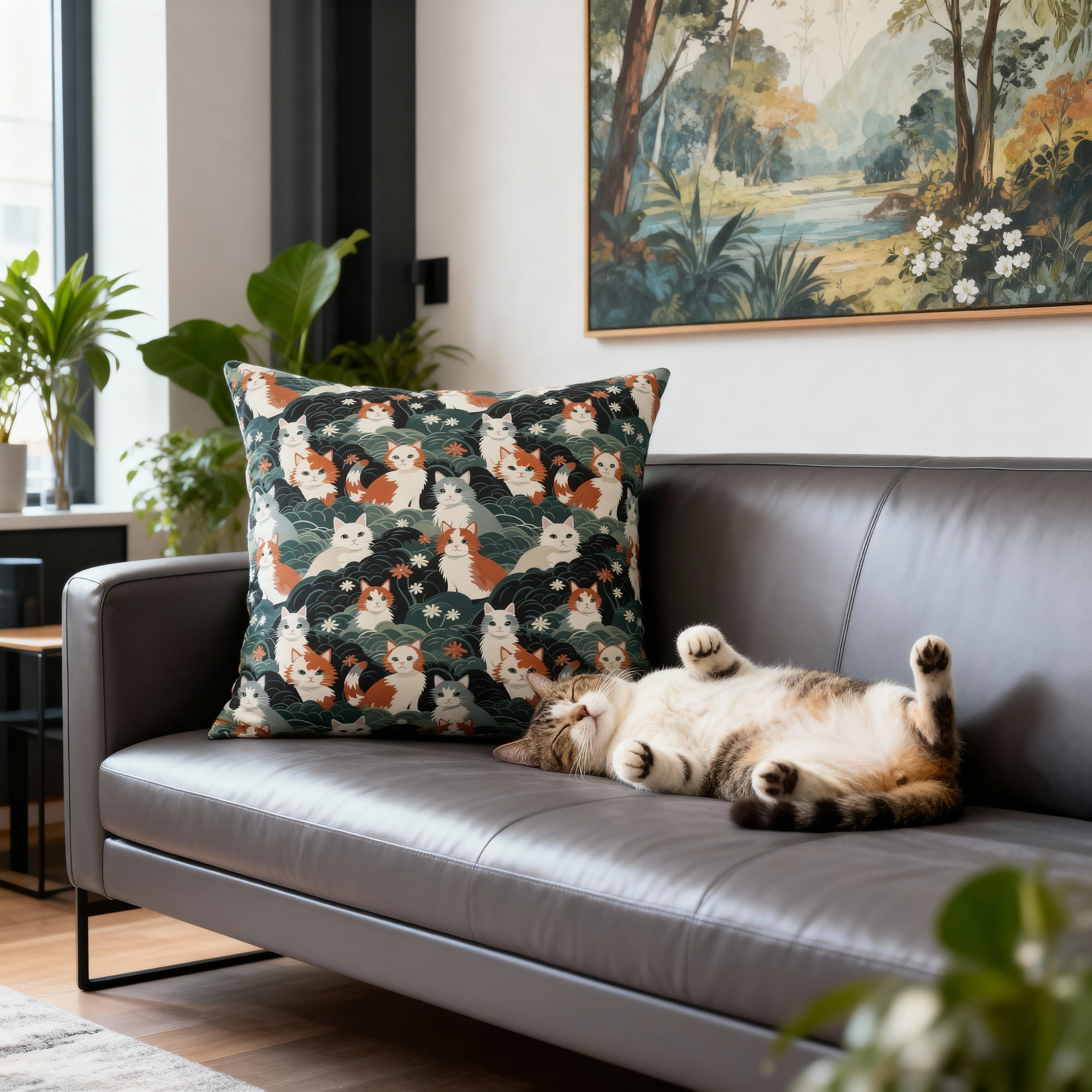 Indoor Square Pillow - A whimsical, fluffy, watercolor depiction of various cats of different colors peeking out from a dense dark blue and green bush with white flowers.